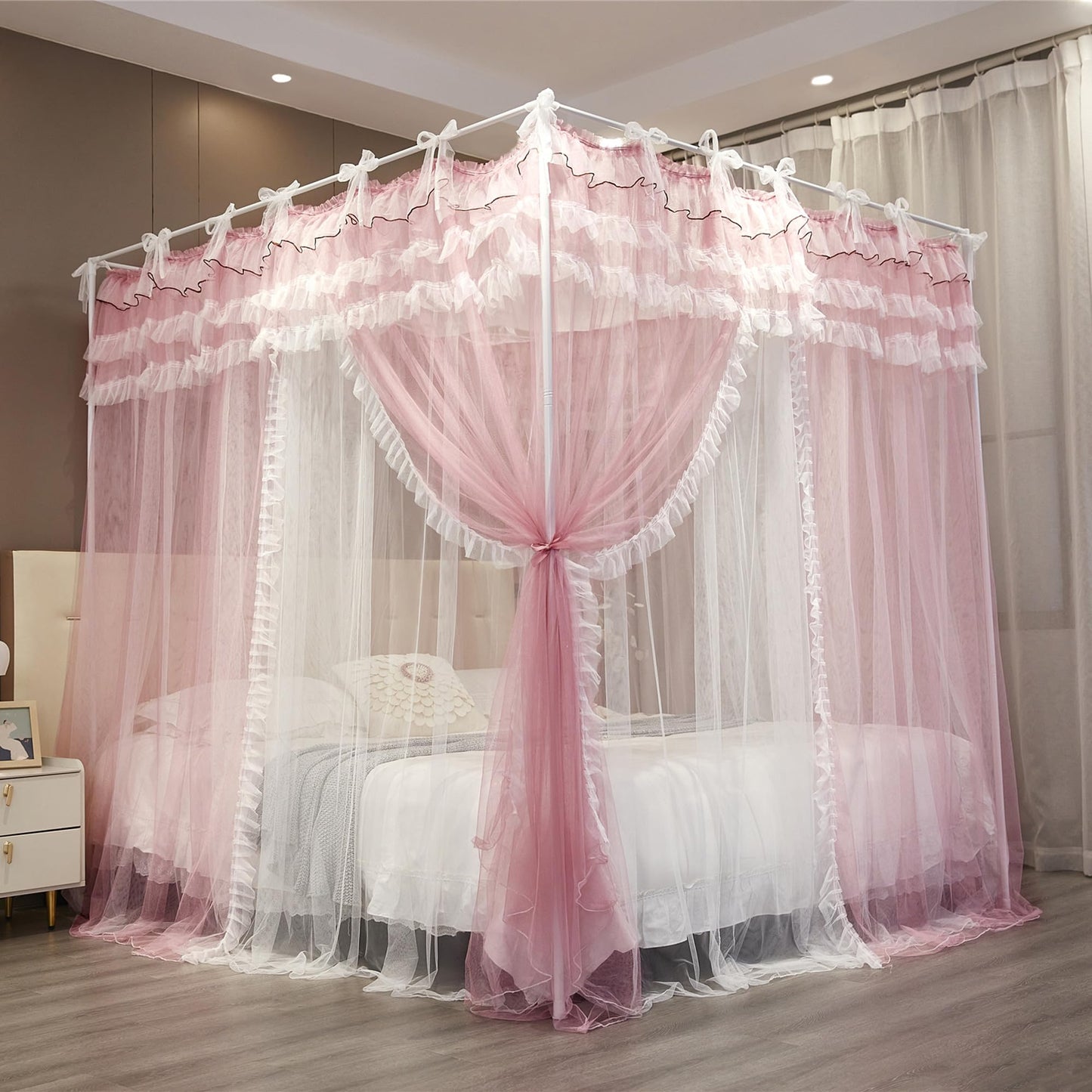 NXGIO Bed Canopy Curtain Double Layer 4 Corners Post Lace Up Ruffle Princess Drape Netting 4 Opening Mosquito Net for Girls Bedroom Decoration (Pink/White, 53" W*78" L*82" H/Full)