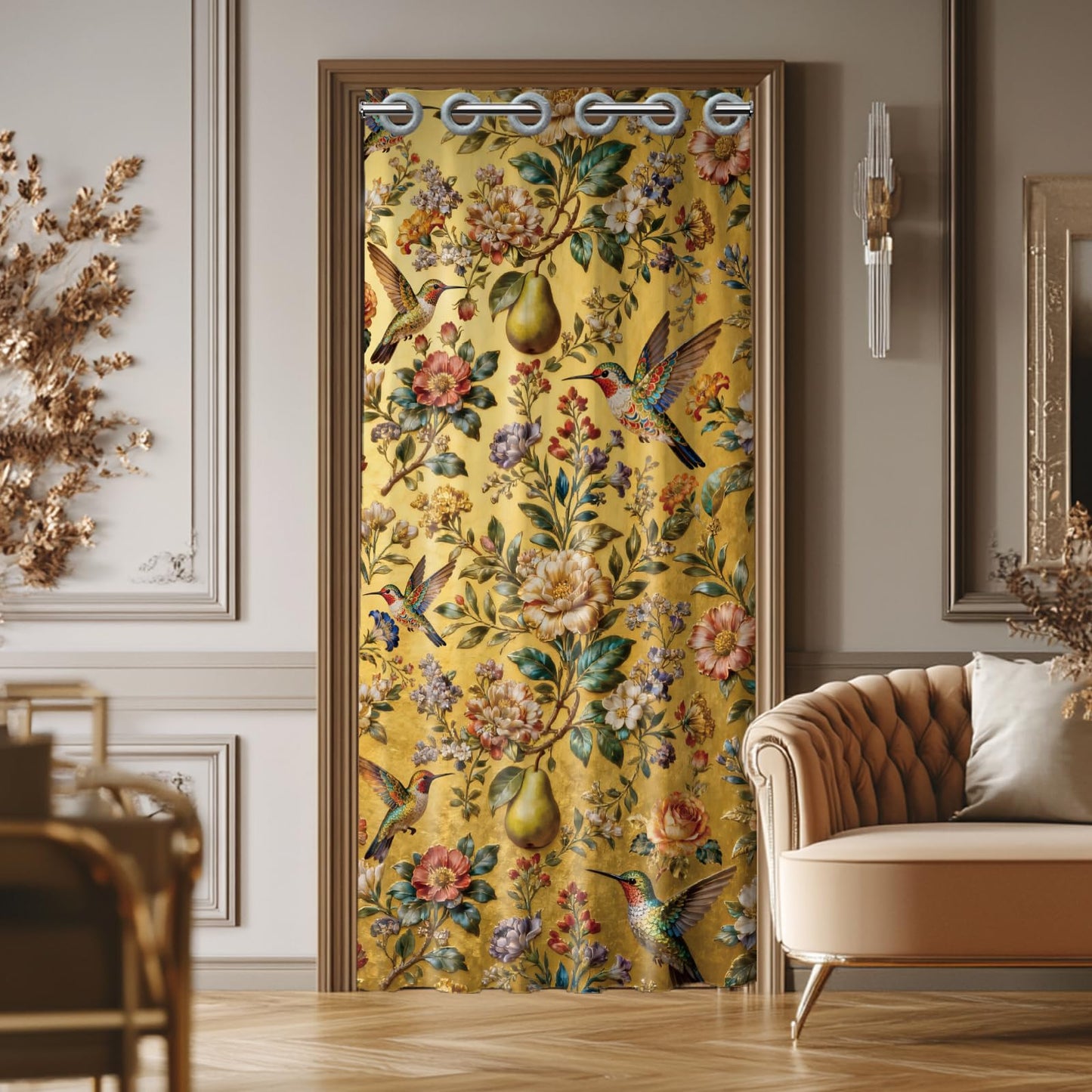 CHGCRAFT Hummingbirds Door Curtain for Doorway Flowers Doorway Curtain Pears Room Divider Curtains with Plastic Rings Folding Doors Curtains for Closet Door Bedroom Living Room Doorway, 39x79 Inch