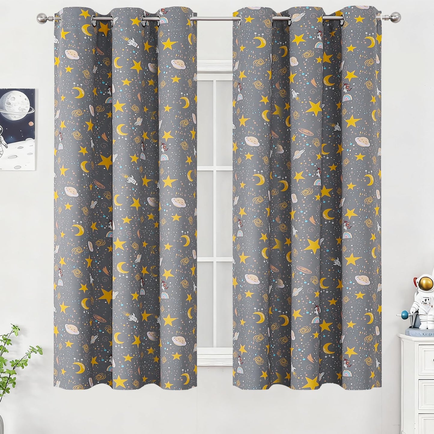 Estelar Textiler Planets Unicorn Printed Grey Blackout Curtains for Nursery Bedroom, Thermal Insulated Room Darkening Star Moon Pattern Grommet Window Drapes for Toddler Room,Gray, W38 x L63, 2 Panels