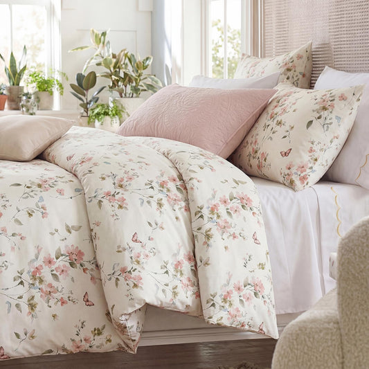 Bedorm 100% Cotton Duvet Cover Queen Size Floral Bedding Set 3 Pieces Pink Floral Butterfly Print Cottage Core Duvet Cover Set with Zipper Closure
