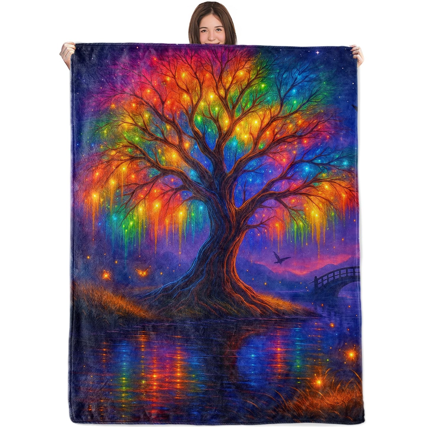 WKEDIN Rainbow Fantasy Tree of Life Blanket,50x60in,Cozy Flannel Throw with Glowing Fantasy Night Scene Design,Soft Lightweight Gifts Blankets for Women,Sofa Bed Travel Enchanted Decor