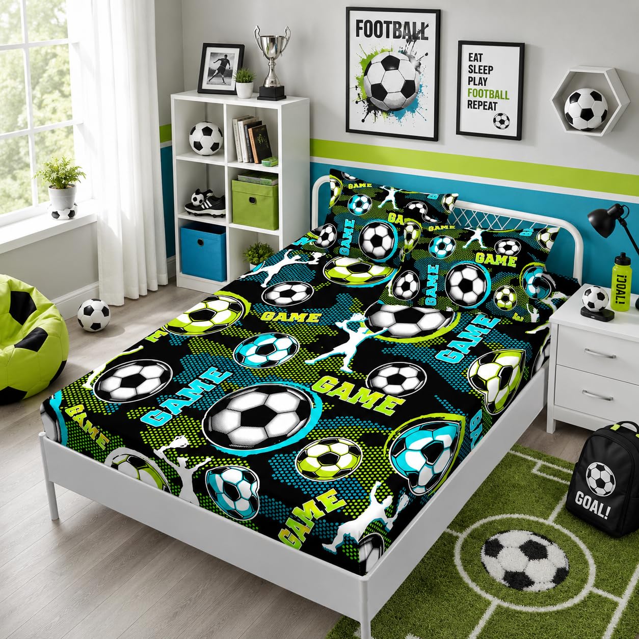 HOSIMA Soccer Twin Fitted Sheet for Boys Room Decor,Athletes Holding Trophies Pattern Sports Bedding for Kids Teens,Blue Green Honeycomb Background,1 Fitted Sheet+2 Pillowcases.