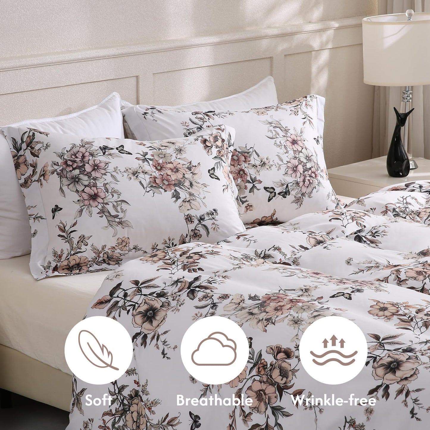 LONAVA Queen Floral 3 Pcs Duvet Cover Set, Breathable Soft Microfiber Light Grey Lining Comforter Cover with Zipper Closure, and 2 Anti-Pilling, Fade Resistant Pillowcases, Withered Flowers
