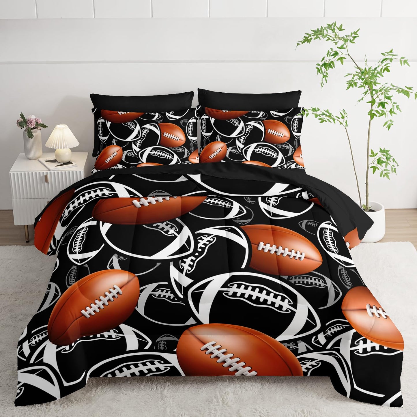 XYNHML Cartoon Rugby Comforter Set 7Pcs Sports Brown Rugby American Football Bedding Set for Kid Teen Girl Boy Black White Rugby Quilt Bed Decor Twin with 2 Sheets,2 Pillowcases,2 Throw Pillow Covers