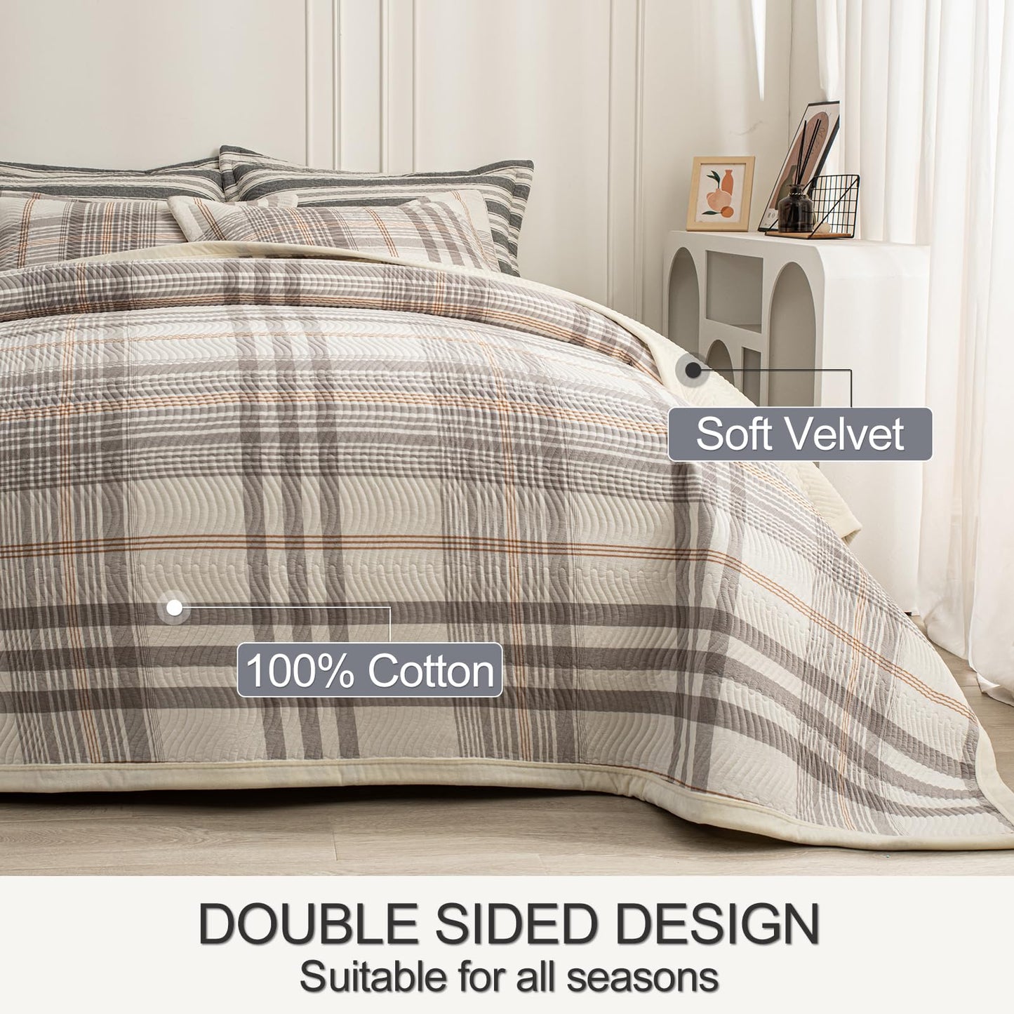 tohrisa Cotton Plaid Quilt Set, Ultra Soft 3 Pieces Queen Size Bedding with 2 Pillow Shams, Lightweight Reversible Coverlet Bedspread with Wave Quilting for Summer, 90"x96", Grid-Grey White