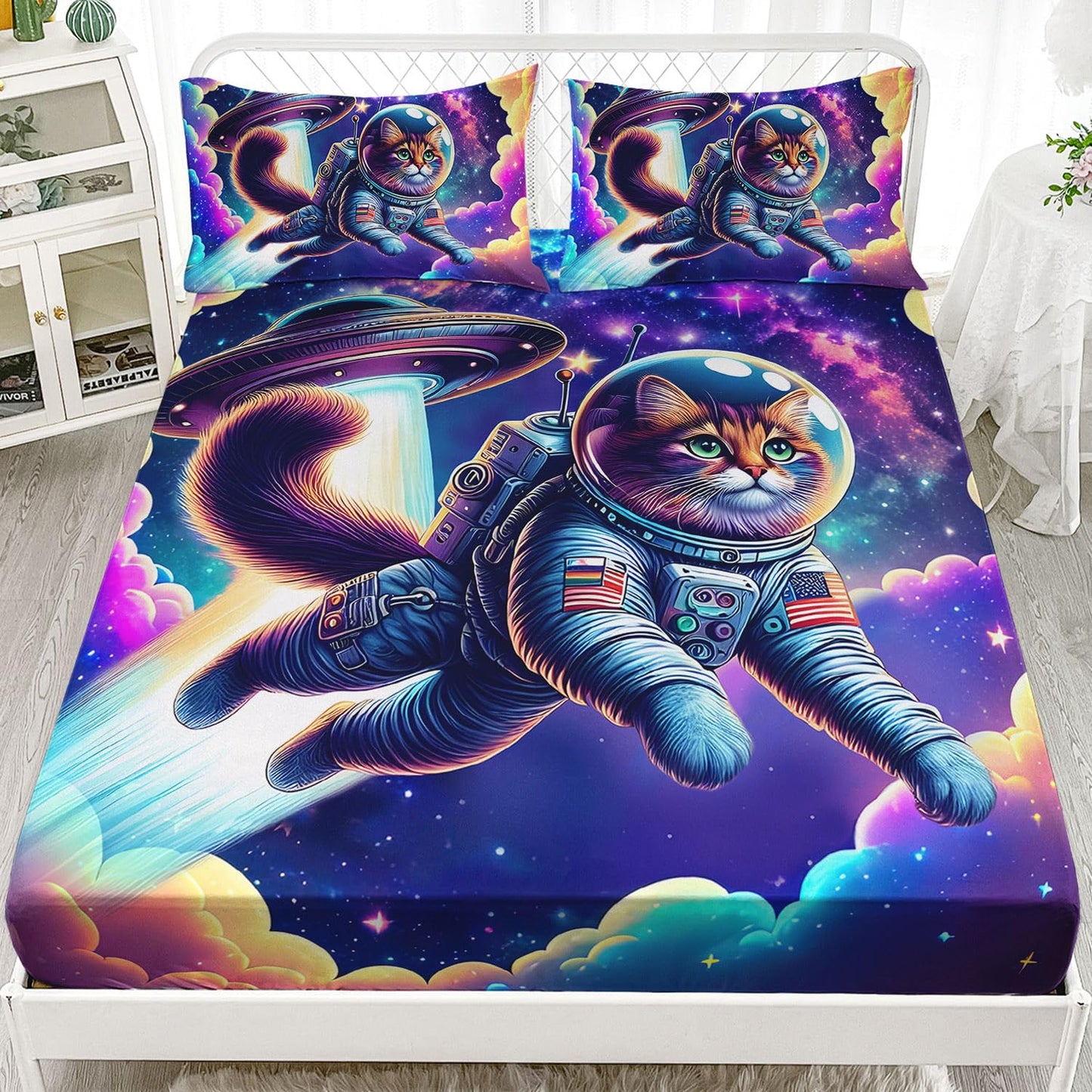 AILONEN 3D Kids Astronaut Bed Sheet Set - Fitted Sheet with 2 Pillowcases, Colorful Galaxy Ship Pattern