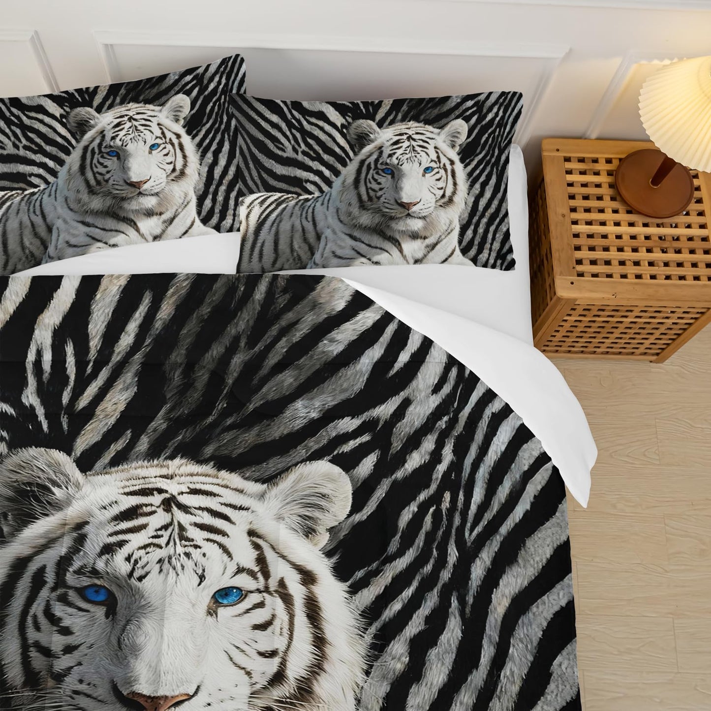 lneffble 3Pcs White Tiger Comforter Set Twin Size for Teen Boys Girls Room Decor,3D Animals Print Comforter Set,Wild Animals Theme Black White Stripe Tiger Bedding Set