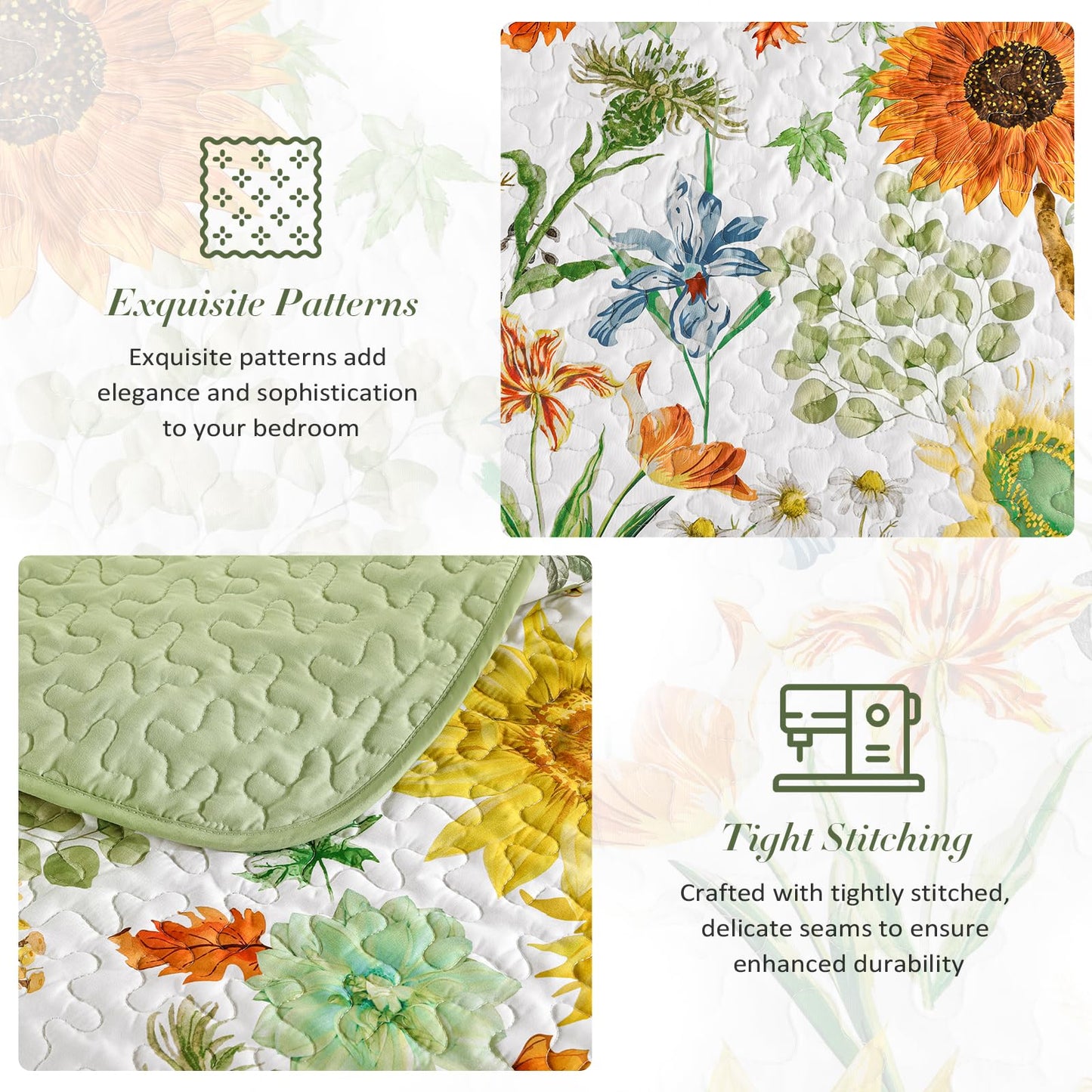Yiran Floral King Quilt Bedding Set, Sage Green Sunflower Colorful Bedspreads, 3 Pieces Summer Soft Lightweight Coverlet with 2 Pillow Shams for All Season 106x90 Inch