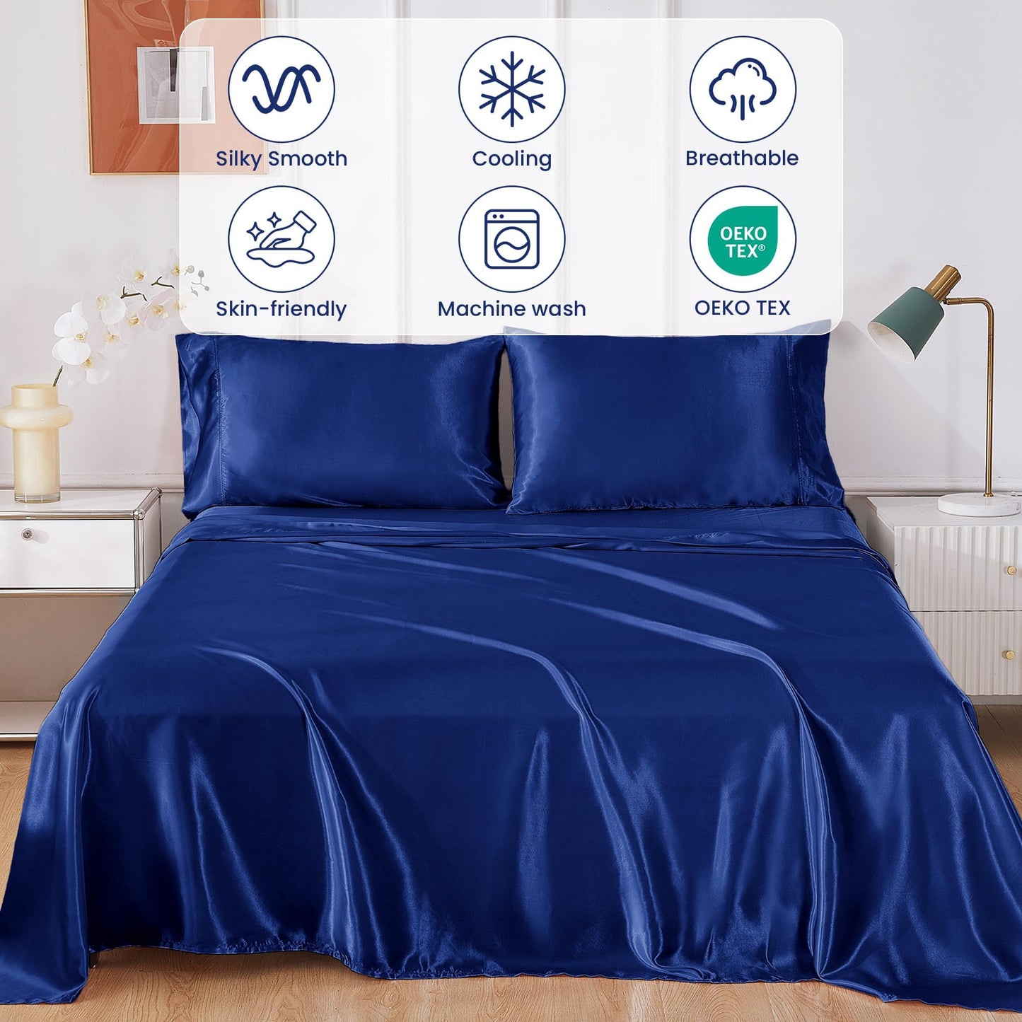 lasoftan Silk Satin Sheets Queen, Silky Fitted Bed Sheets with 15" Deep Pocket and Non-Slip Corner Straps, Luxury Hotel Satin Bed Sheets, Navy Blue Cooling Sheets & Pillowcase Set