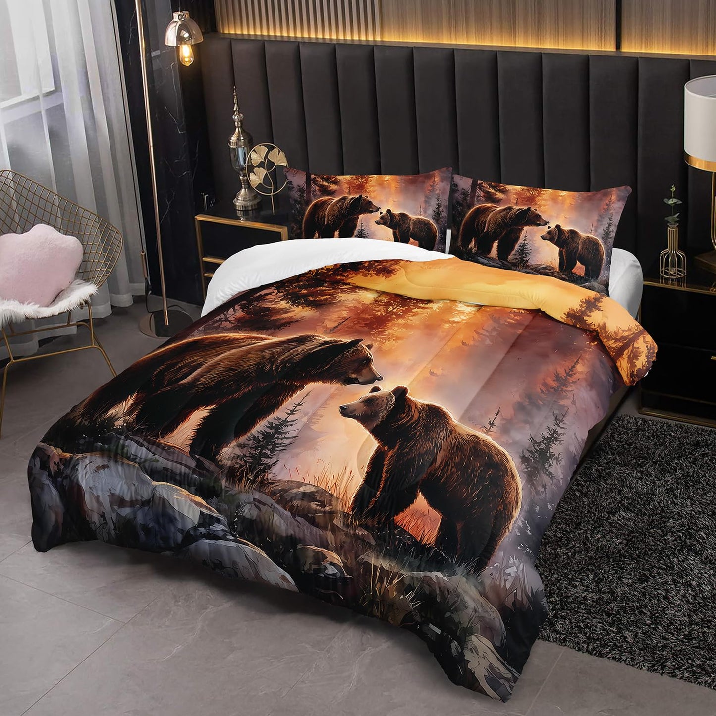 Rustic Brown Bear Comforter 3Pcs Twin Wild Hunting Animal Bear Bedding Set