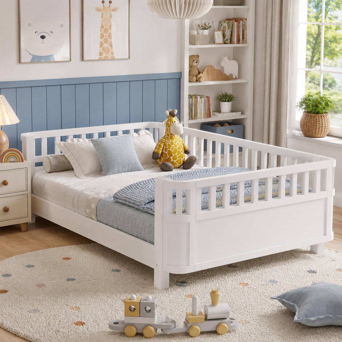 OYUMOENTS Full Size Kids Bed Frame, Low Profile Montessori Bed Full with Rails, Wood Daybed for Girls & Boys, No Spring Box Required, No Squeaks, White