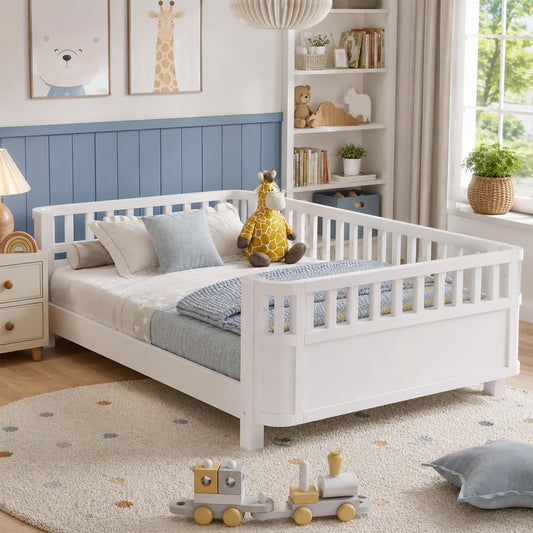 OYUMOENTS Full Size Kids Bed Frame, Low Profile Montessori Bed Full with Rails, Wood Daybed for Girls & Boys, No Spring Box Required, No Squeaks, White
