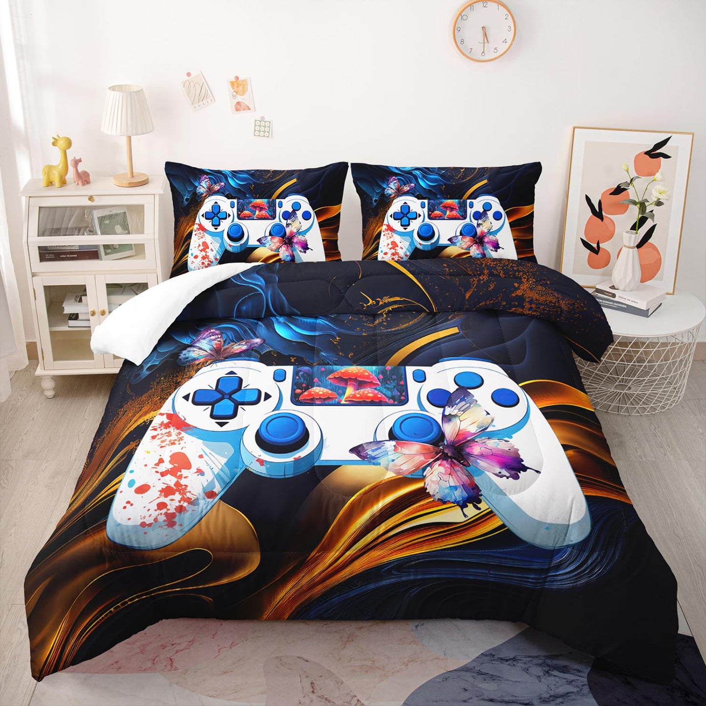 Nttopshi Gamer Comforter Set Queen Gaming Comforter Set 3pcs Bedding Set for Boys Girls Kids Mushroom Floral Down Alternative Soft Lightweight Comforter with 2 Pillowcases All Season