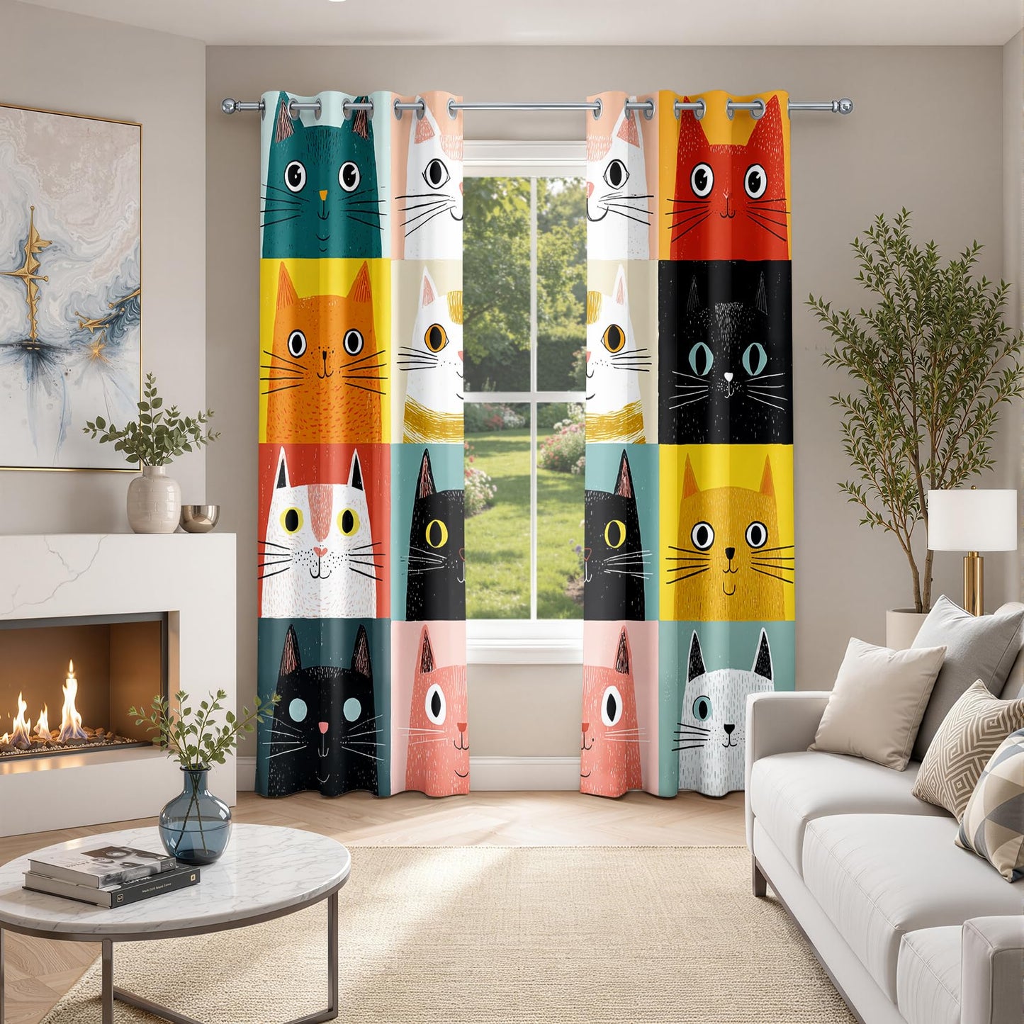 Cartoon Cat Curtains 45 Inch Length 2 Panels Set, Kids Cute Colorful Patchwork Cat Nursery Patterned Blackout Curtains for Kitchen, Thermal Insulated Room Darkening Grommet Drapes