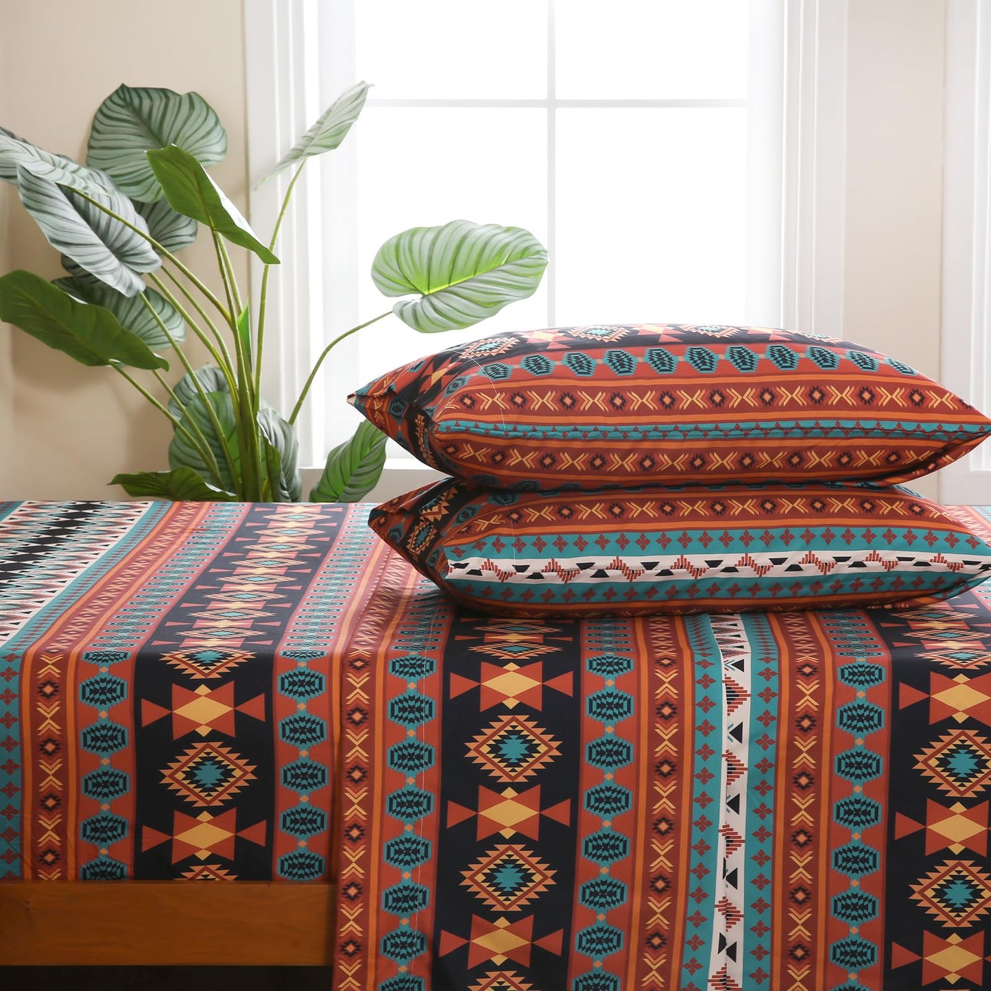 CozySmile Boho Printed Sheet Set Queen Size 4 Piece Soft & Breathable Bedding Deep Pocket 16" Cooling Wrinkle Free Comforter Bed Set Geometric Pattern Sheets (King, Multicolor Tribal