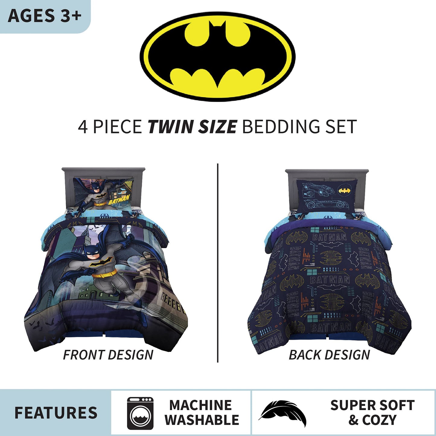 Franco Kids Bedding Super Soft Comforter and Sheet Set, 4 Piece Twin Size, Batman