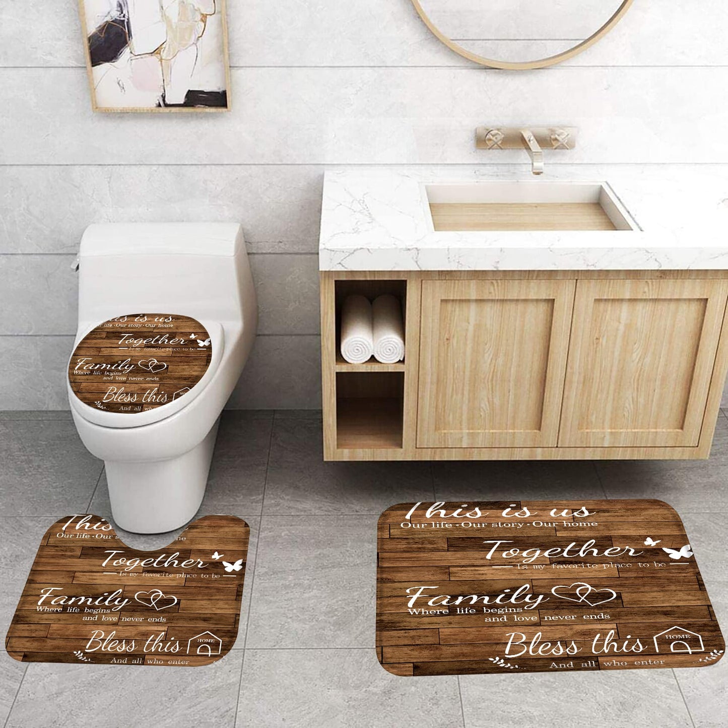 juwute 4Pcs Family Shower Curtain Sets with Non-Slip Rugs, Toilet Lid Cover and Bath Mat, Brown Home Bathroom Decor Set Accessories Waterproof Shower Curtains with 12 Hooks, 72 x 72 Inch