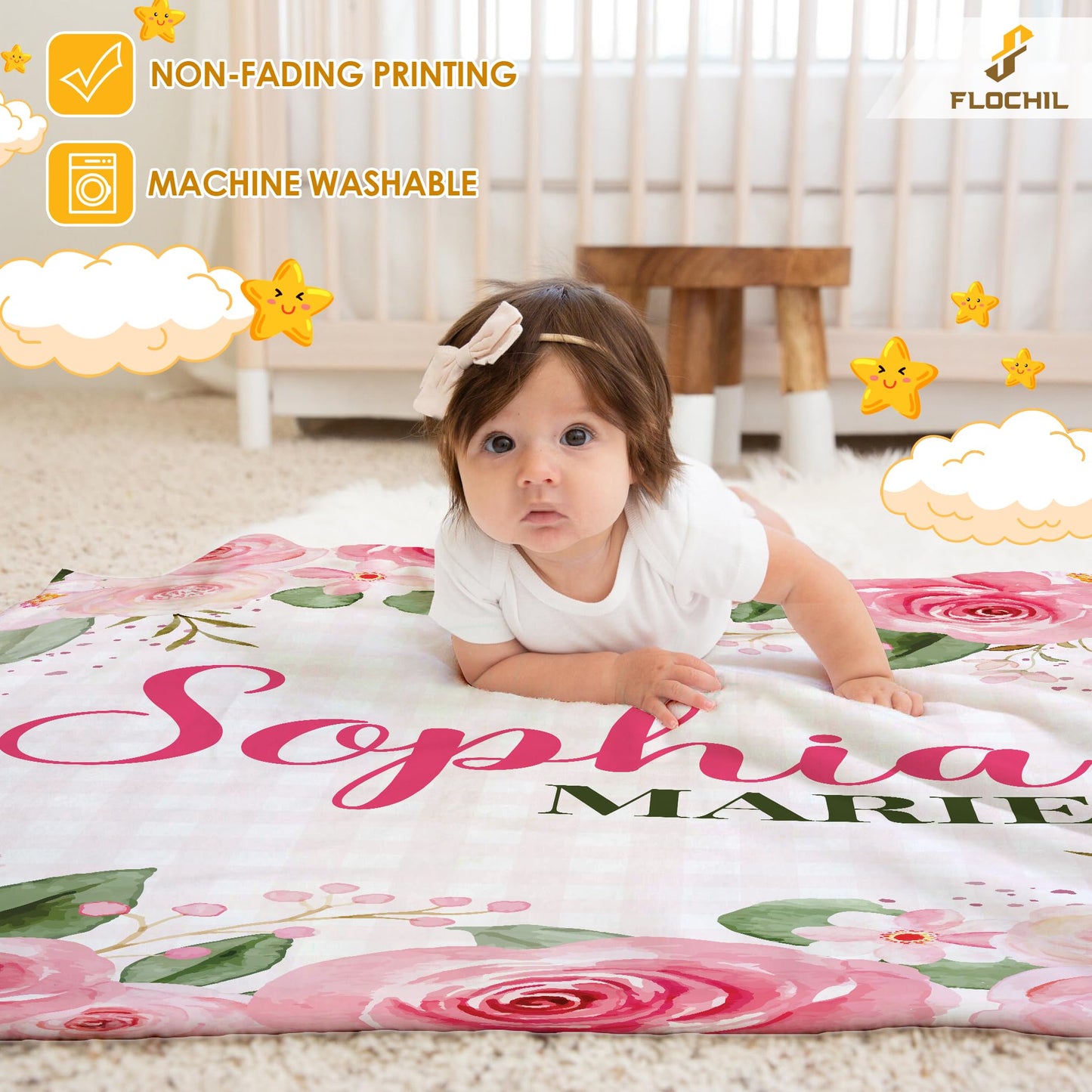 FLOCHIL Personalized Baby Blanket for Girls, Custom Baby Blanket with Name, Customized Floral Baby Blanket, Gift for Baby Shower, Toddler, Babies, Newborn