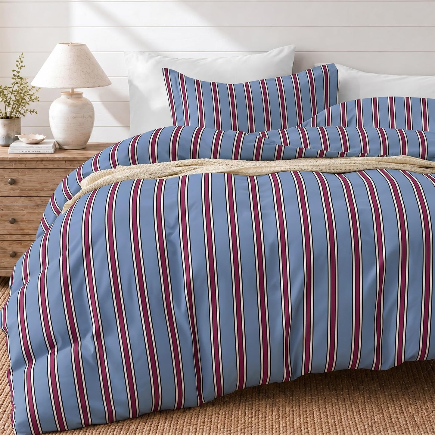 JOLLYVOGUE Striped Duvet Cover King, Blue Duvet Cover with Red Stripes