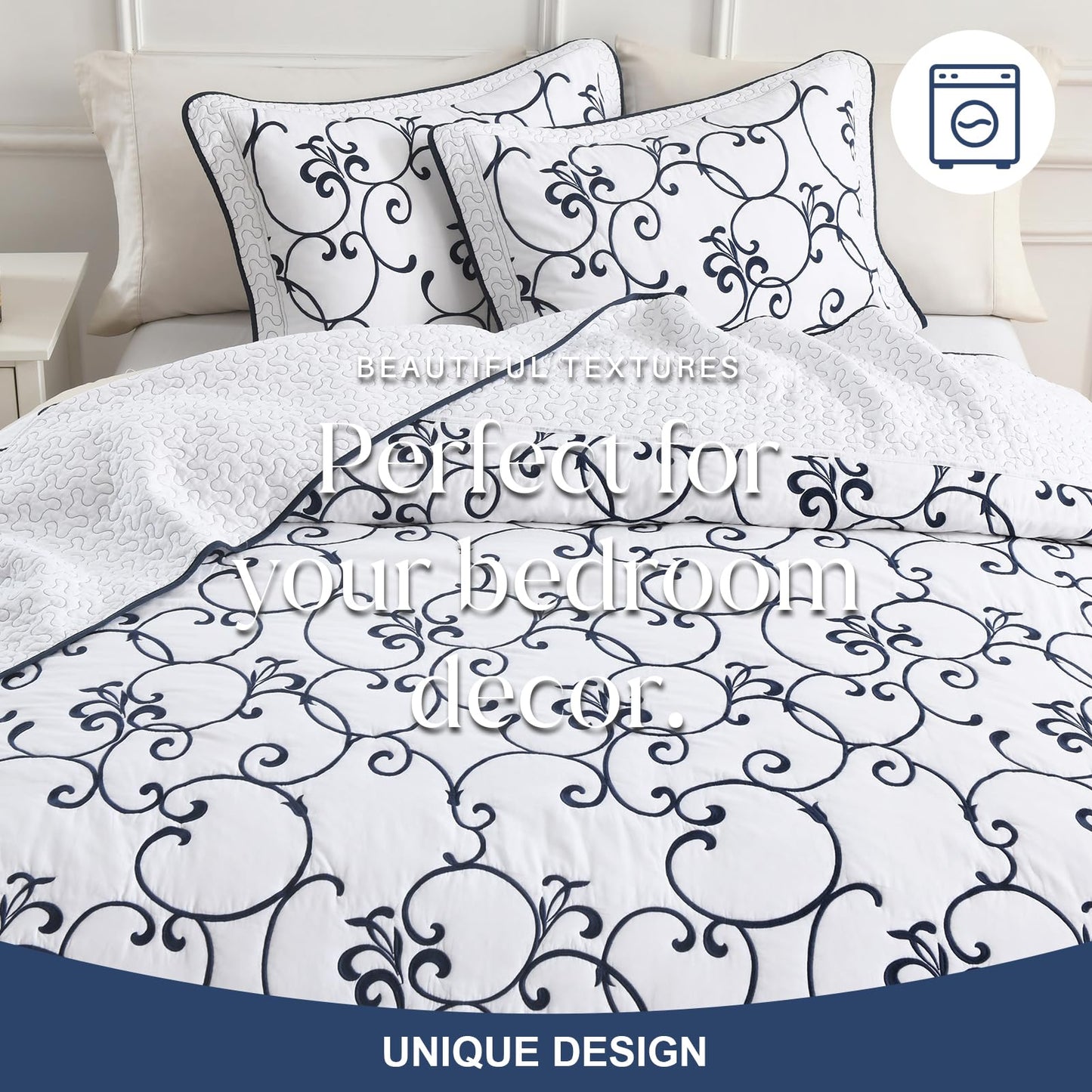 FineStichery Oversized Queen Bedspread 120"x102" - 100% Cotton Extra Large Quilt, Embroidered Bedspread Coverlet with Pillow Shams, Lightweight Quilted Bedding Set 3 Piece, Navy Blue/White