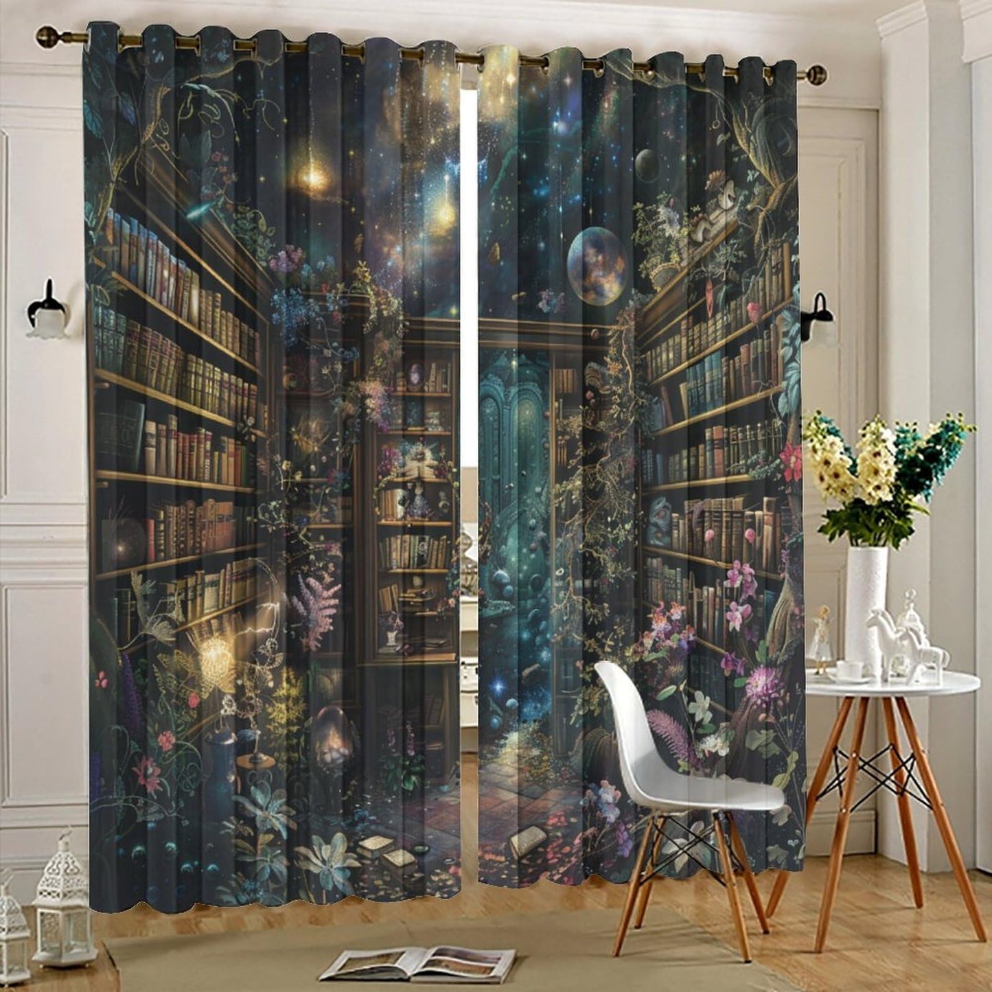 HDESDIS Vintage Library Blackout Curtains for Bedroom Living Room, Classic Floral Bookshelf Space Thermal Insulated Curtains Window Drapes with Grommet, 21W x 45L, 2 Panels