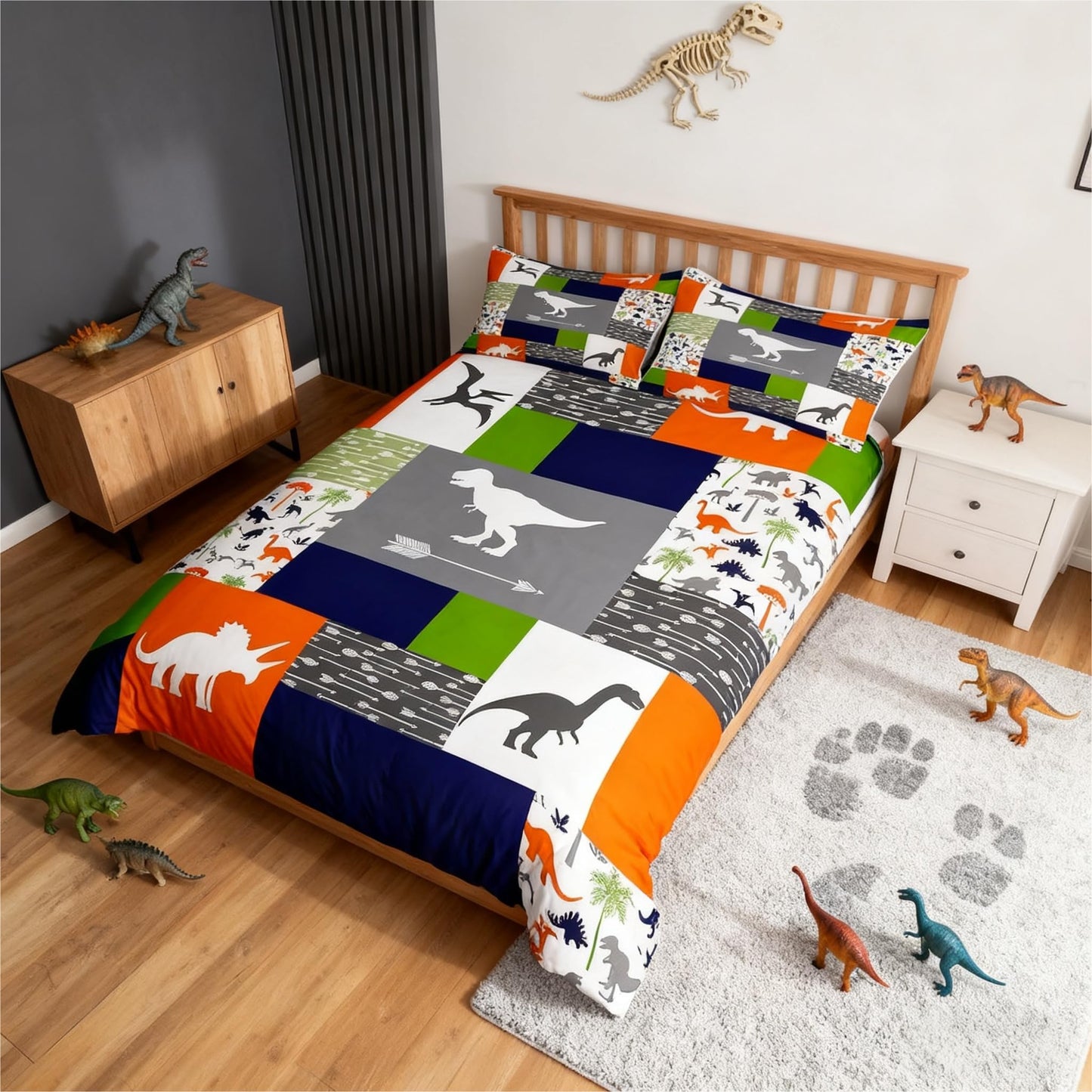 Dinosaur Bedding Set Queen,Dinosaur Silhouette Comforter Cover for Boys Girls,Kids Arrow Printed Duvet Cover Set Blue Orange Green Bedspread Cover Fashion Teens Bedroom Decor 3 Pcs Bed Collection