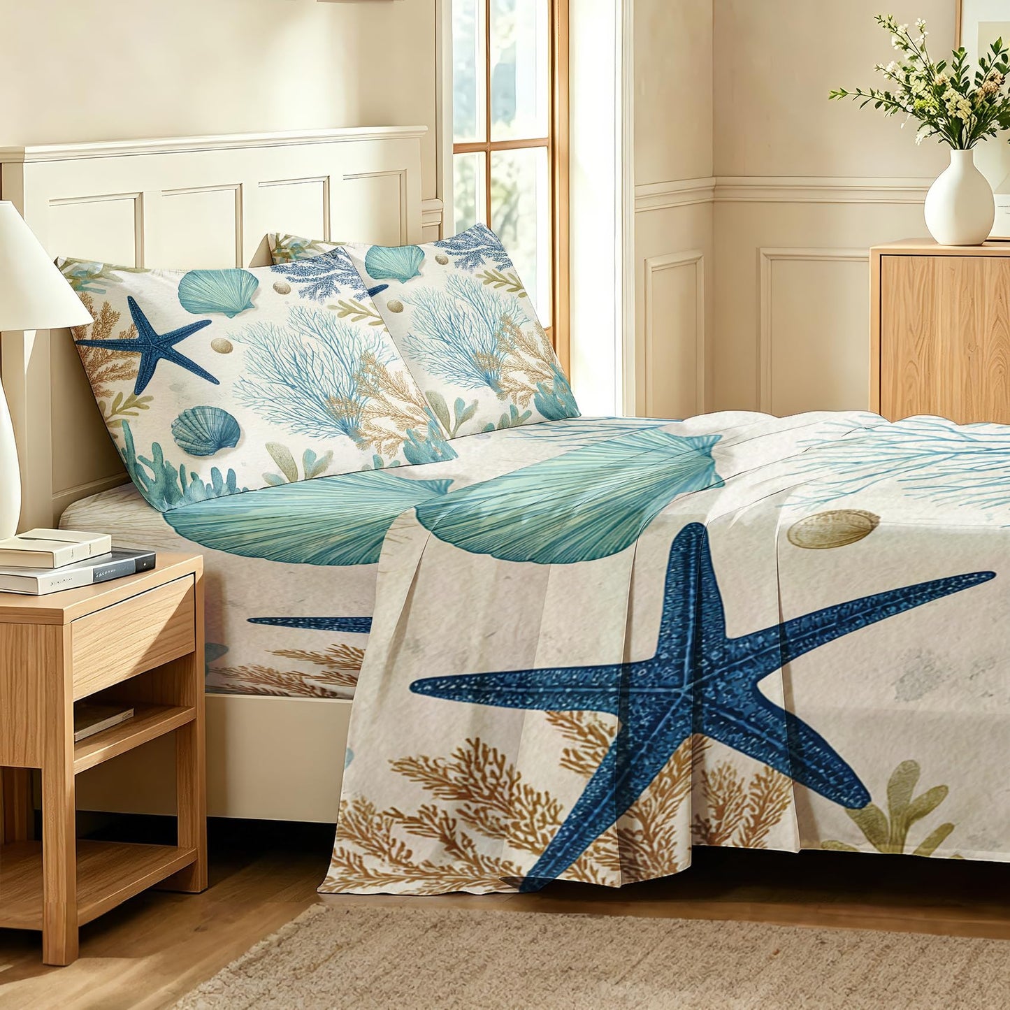 Seashell Coral Queen Sheet Set 4 Pcs Coastal Bed Sheets