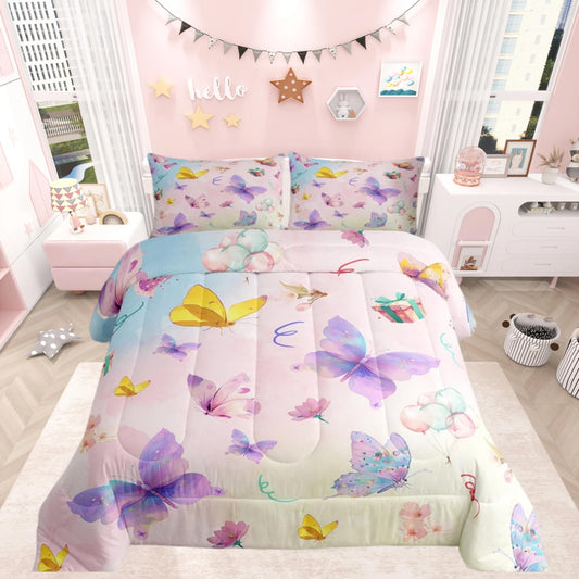 Feelyou Butterfly Bedding Set Soft for Boys Girls, Girl Butterfly Floral Comforter Set Full Size Cute Duvet Quilt Microfiber Floral Bedroom Decor Light Pink Purple 3 Pcs with 2 Pillow Cases