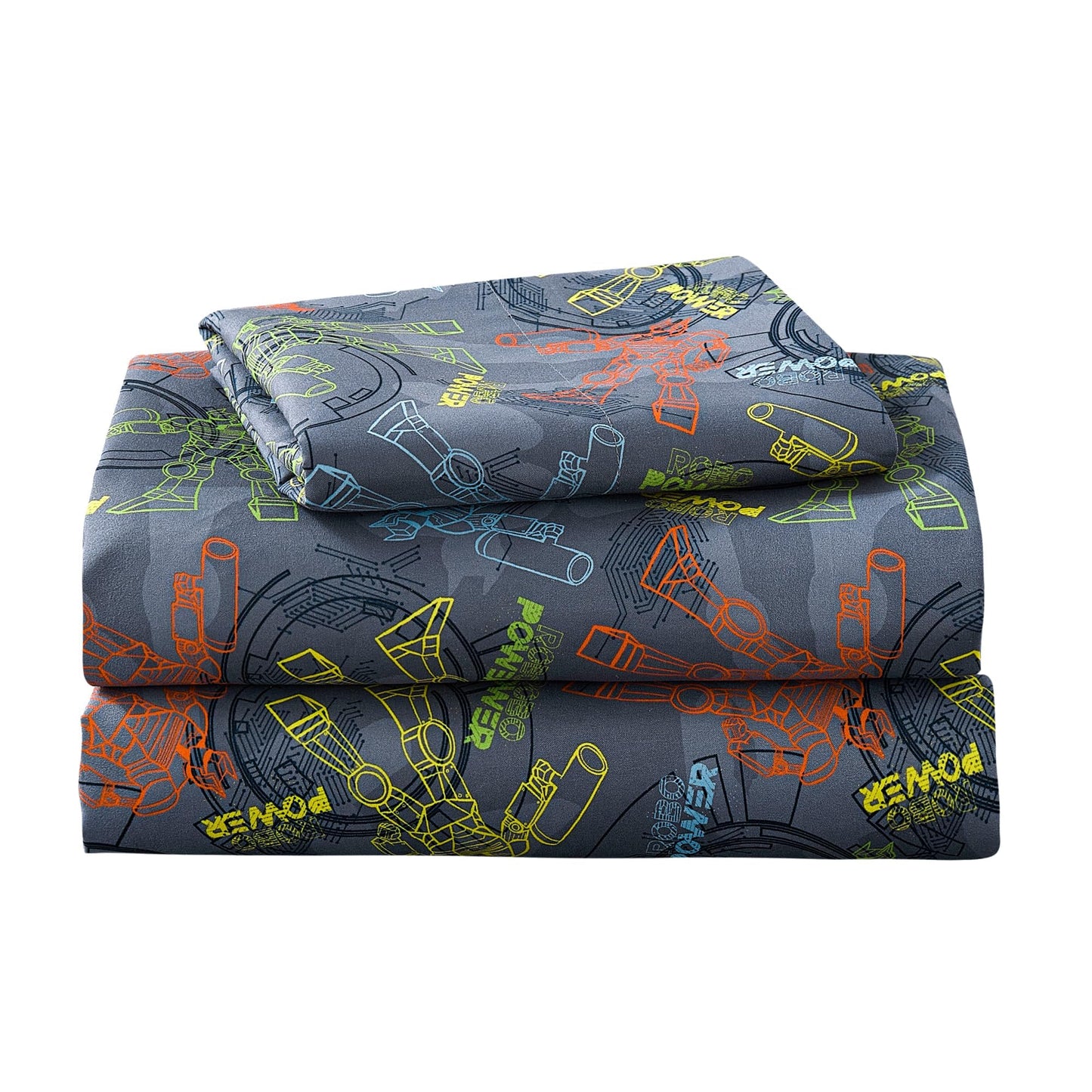 Softan Kids Bed Sheet Set, 3-Piece Twin Sheets Set, Microfiber Fitted Sheet with 15 Inches Deep Pocket and Corner Straps, Breathable & Silky Soft Linear Robot Printed Sheet and Pillowcase Sets