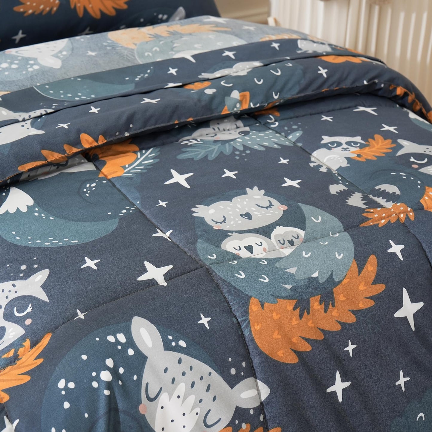 JSD Navy Blue Forest Animals Toddler Bedding Set, 4 Piece Owl Toddler Comforter Sheet Set, Lightweight Breathable Washable