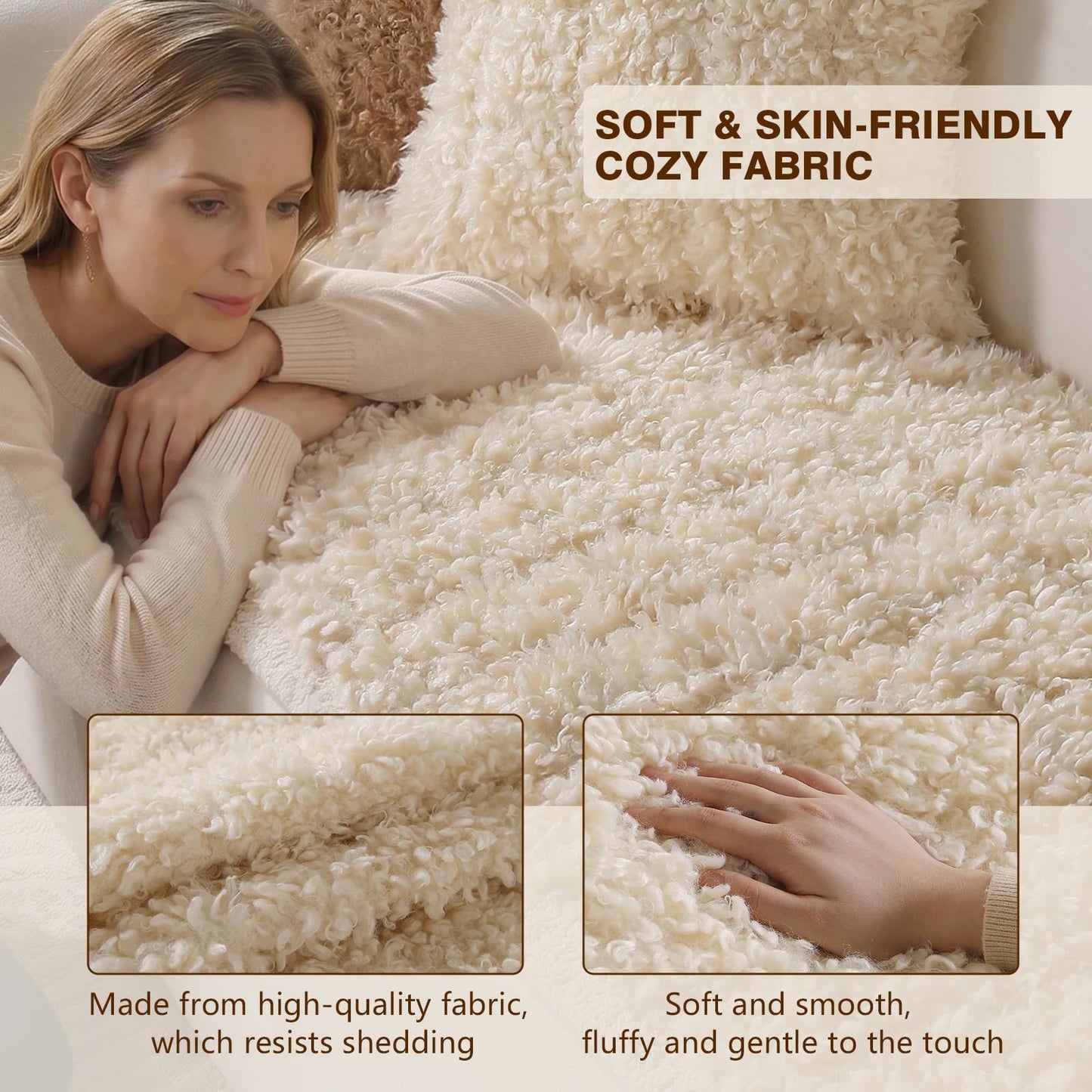 OHSIO Couch Cover for Pets, Washable Non-Slip Sofa Cover Pet Friendly, Soft Fuzzy Teddy Fleece Sofa Slipcover for 2 Cushion Sofa Furniture Protector (Ivory, 27.6" x 59")