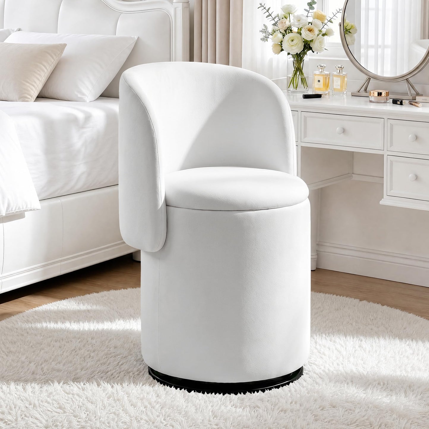 WOCFYK Makeup Vanity Chair with 360 Degree Swivel and Hidden Storage, Upholstered Barrel Accent Chair with Back, Matching Cat Bed Stool for Bedroom, Vanity Room, Living Room, White Velvet