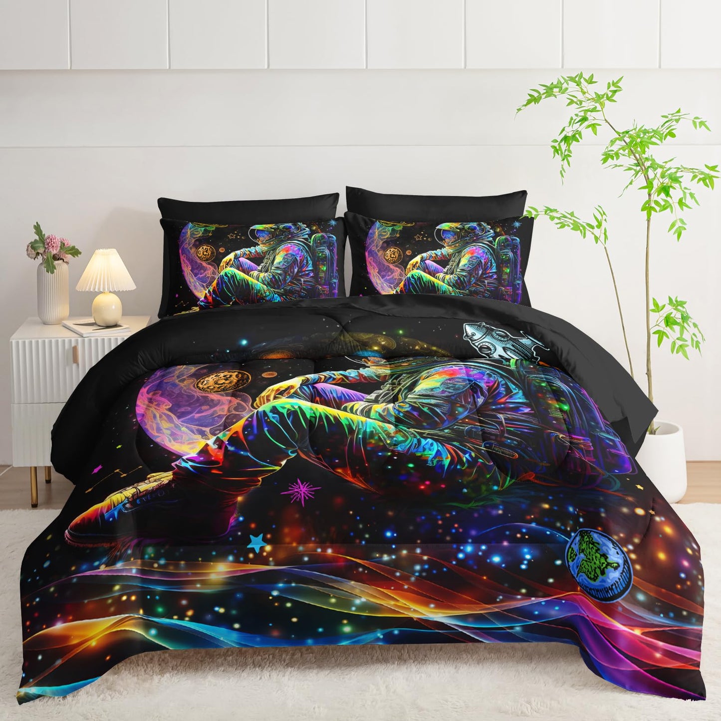 AILONEN Astronaut Space Comforter Set Twin - 7Pcs Soft Bed in a Bag - Rocket Planet Spacemen Comforter,Fitted Sheet,Flat Sheet,2 Pillowcases,2 Pillow Shams for Room Decor