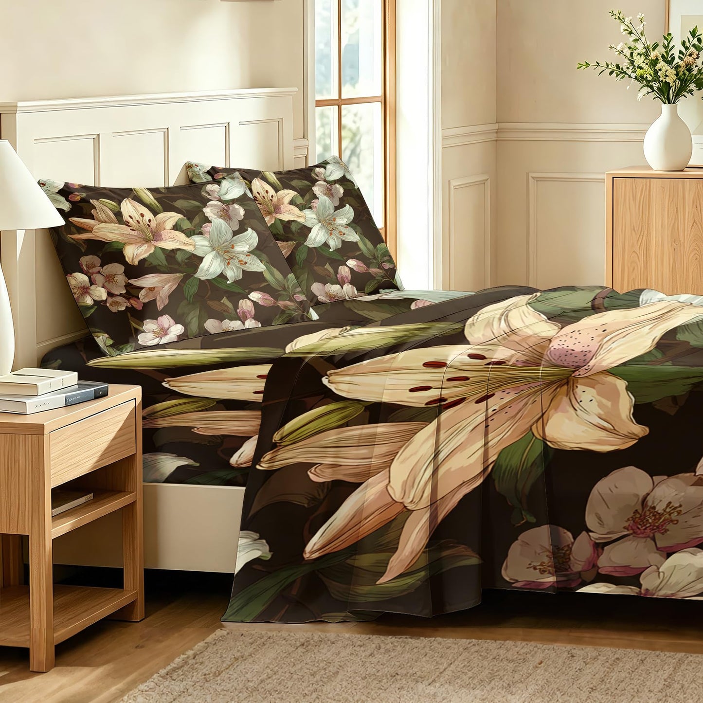 Lily Floral Sheet Set, 4 Pcs King Size Botanical Bed Sheets