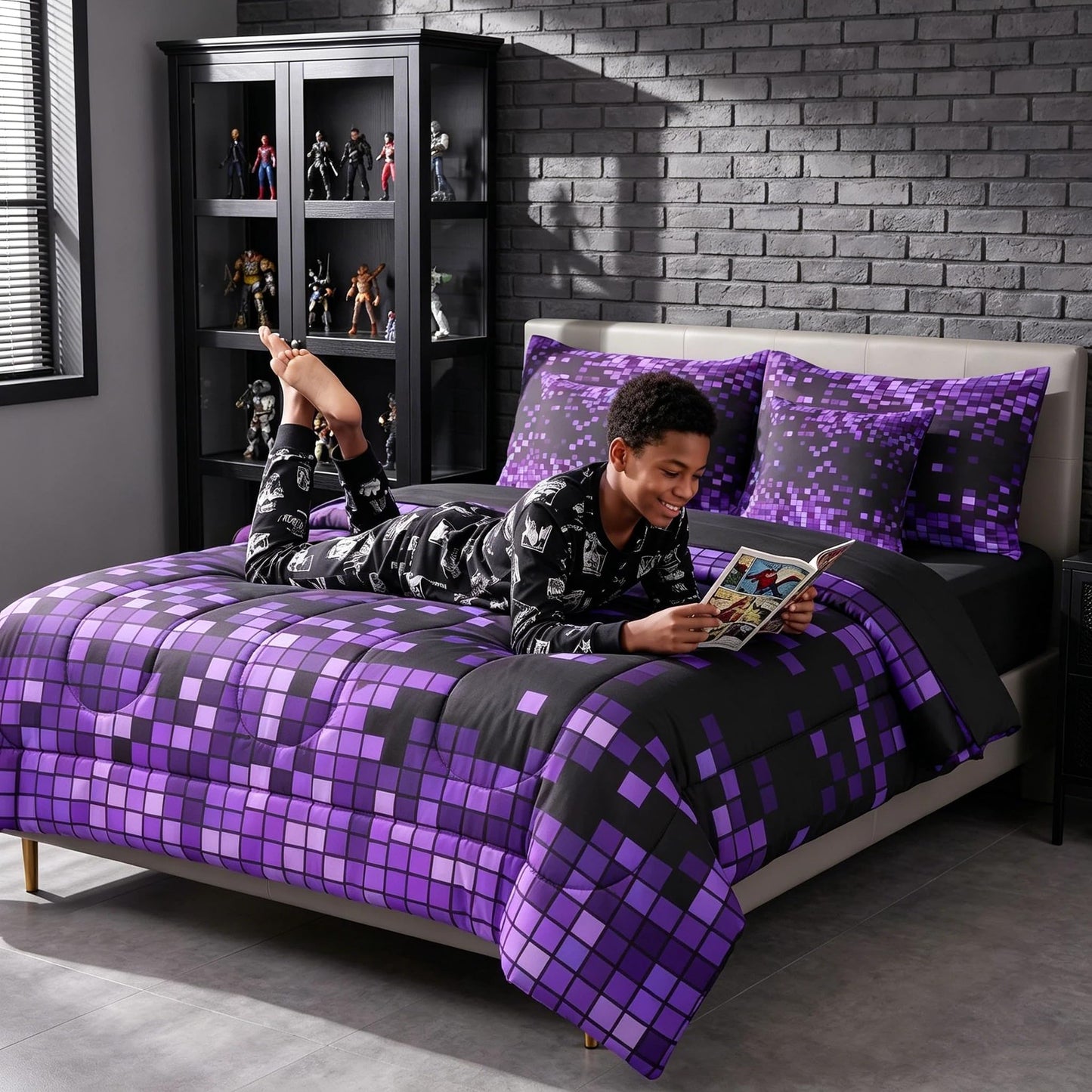 Feelyou Purple Black Pixel Art Comforter Set with Sheets 7 Piece Twin Size Gamer Bed in a Bag Kids Boys Girls Retro Pixel Bedding Set Gamer Room Decor Bedroom Decor Soft Lightweight Microfiber