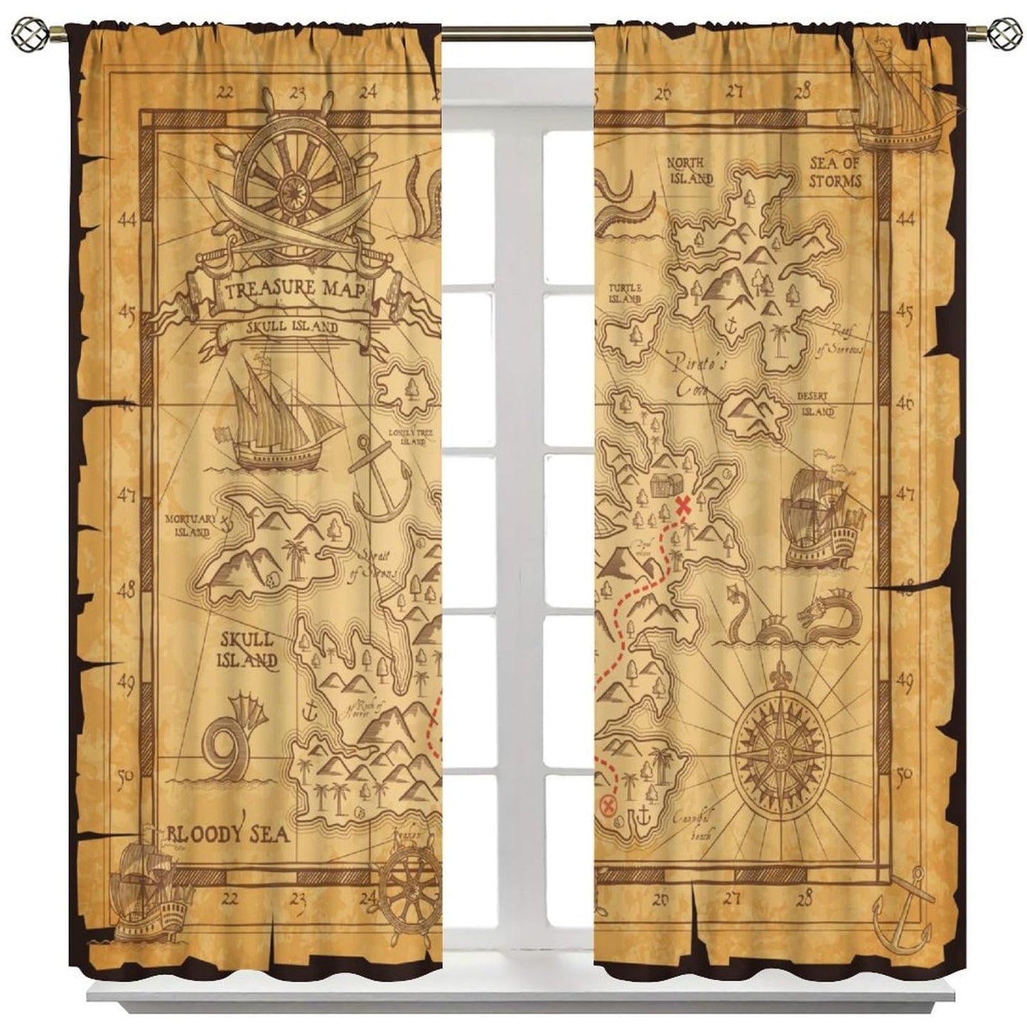 wlsgdsg Pirate Map Curtains for Boys Vintage Medieval Ocean Themed Old Nautical Treasure Compass Sailboat Map Pattern Window Treatments for Kids Teen Bedroom Living Room 42x44.5In（No Blackout）