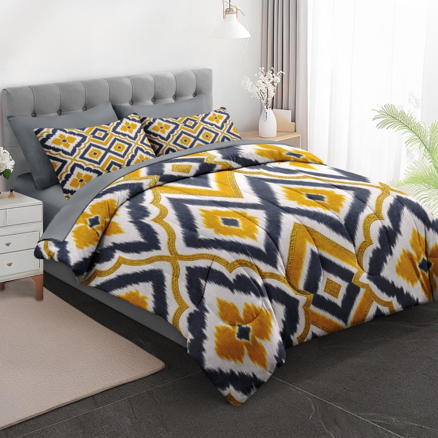 Boewywh Comforter Set Twin Size Geometric Yellow Gold 7 Pcs, Bedding for Kids and Adults, Grey Boho Bed Sheet Sets with Fitted Sheet 2 Pillowcases & 2 Shams for Bedroom Bed Decor