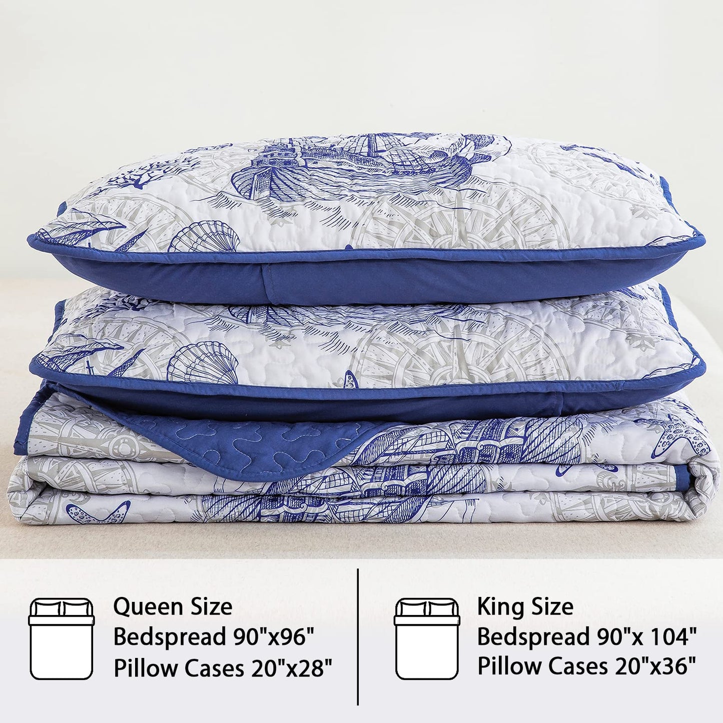 DJY Blue Quilt Set King Nautical Beach Quilt Coverlet Set Coastal Seahorse Bedspread with 2 Pillow Shams Lightweight Coastal Bedding Quilt Set for Adults Teens Kids (3 Pieces, 90"x104")