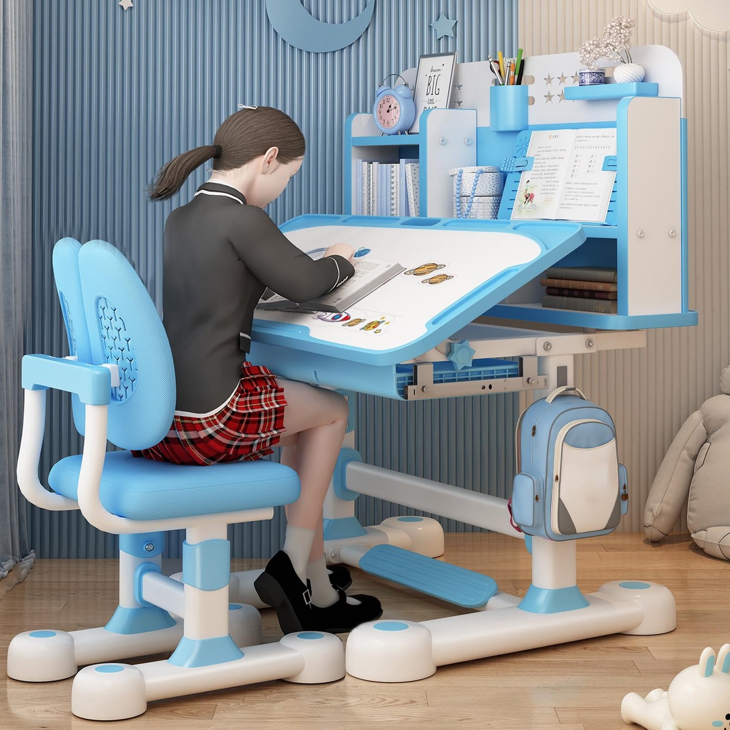 sexaoalx Height Adjustable Study Desk Chair Set for Kids, Children School Study Table Chair Set with Sitting Corrector, Ergonomic Desk Chair with Book Stand, Foot Pedal, Partition Design 2Pcs/Set (P