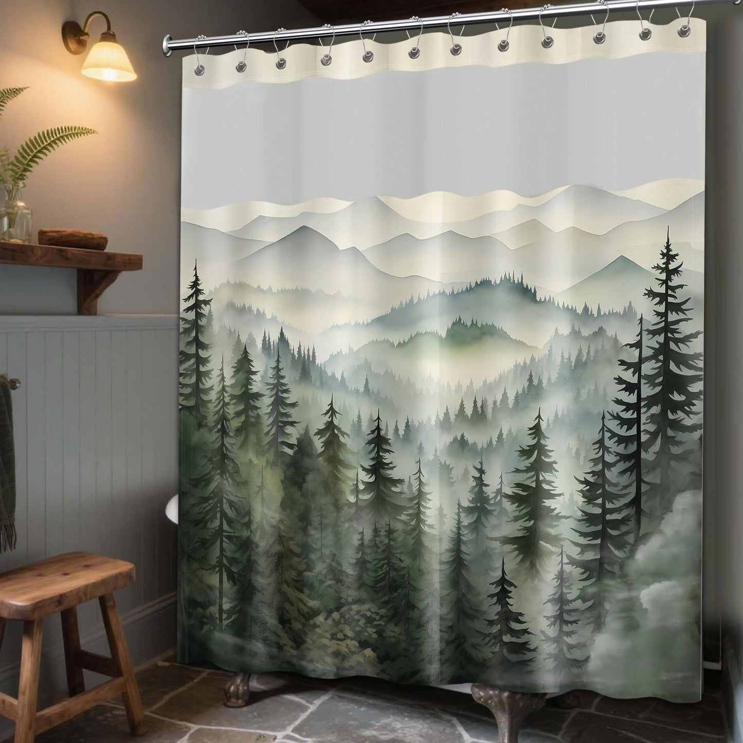 soeeao Forest See Through Mesh Top Shower Curtain with Window, Nature Mountain Double Layer Shower Curtains with Snap in Liner with Magnets, Waterproof Cloth Fabric with Hooks, 71" W x 72" L