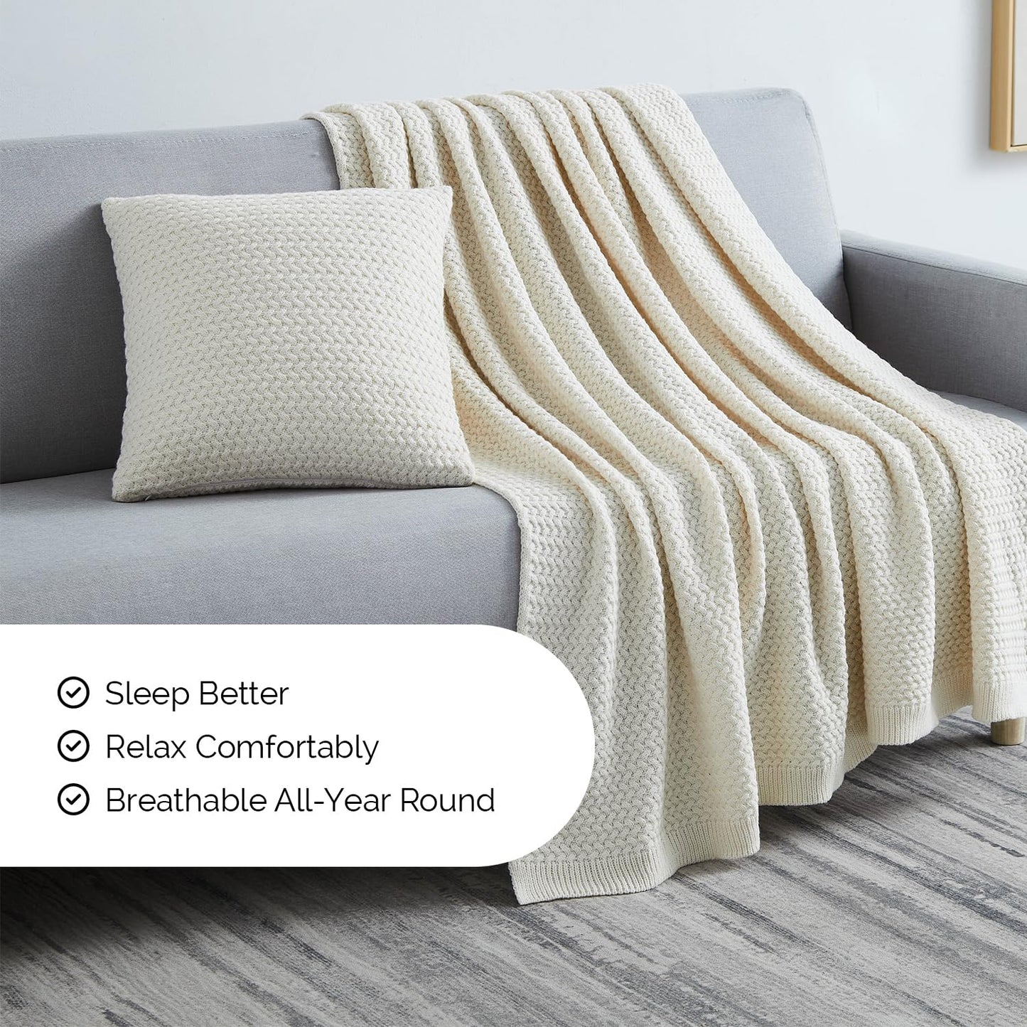 Southshore Fine Living, Inc. Taupe Throw Blanket for Couch or Bed with Matching Decorative Throw Pillow Cover, Acrylic Knit Throw Blanket and Throw Pillow Cover, Taupe