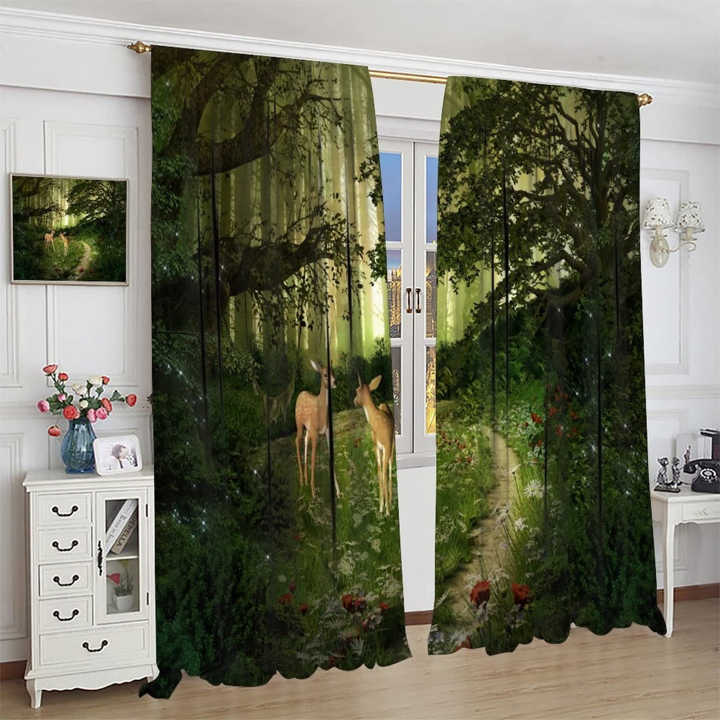 Fantasy Forest Blackout Curtains,Fairy Tale Green Forest Trees Deer Blackout Window Door Curtains for Bedroom Living Room Home Decor W42xL45in