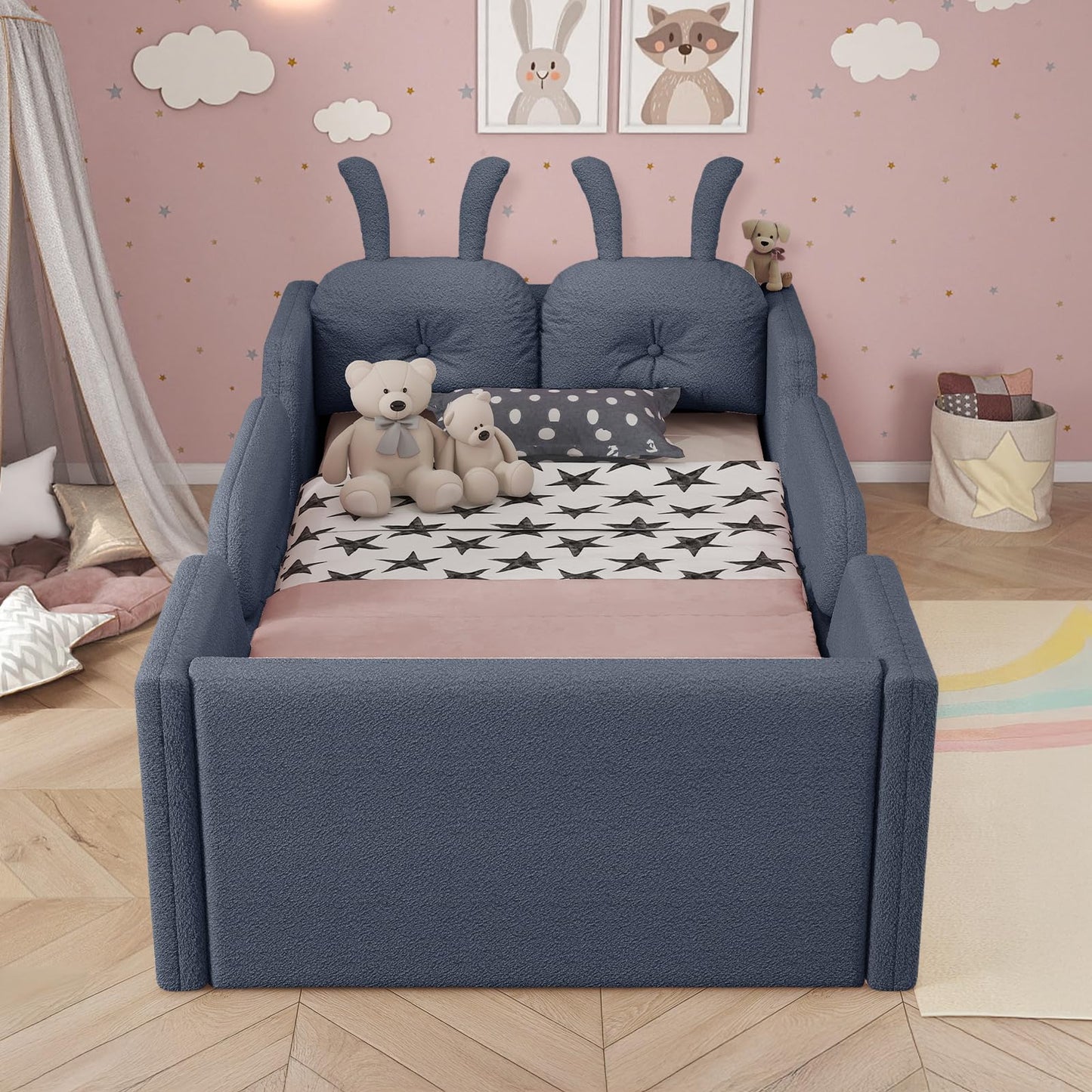 Duigonp Twin Size Kids Bed, Comfy Boucle Fabric Twin Daybed with Rabbit Cushions & Removable Side Rails, Upholstered Platform Bed, Cute Cozy Floor Bed for Girls, Boys, Teenager(Gray)