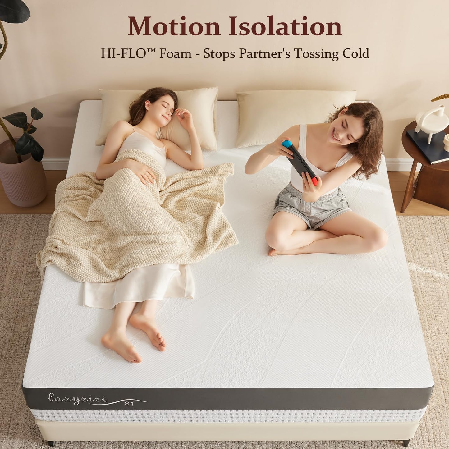 Lazyzizi King Size Mattress, Fiberglass Free Green Tea 10" Memory Foam Mattress, Gel Infused Cooling Foam, Back Pain Relief, Washable Cover, Medium Plush Feel with Motion Isolating
