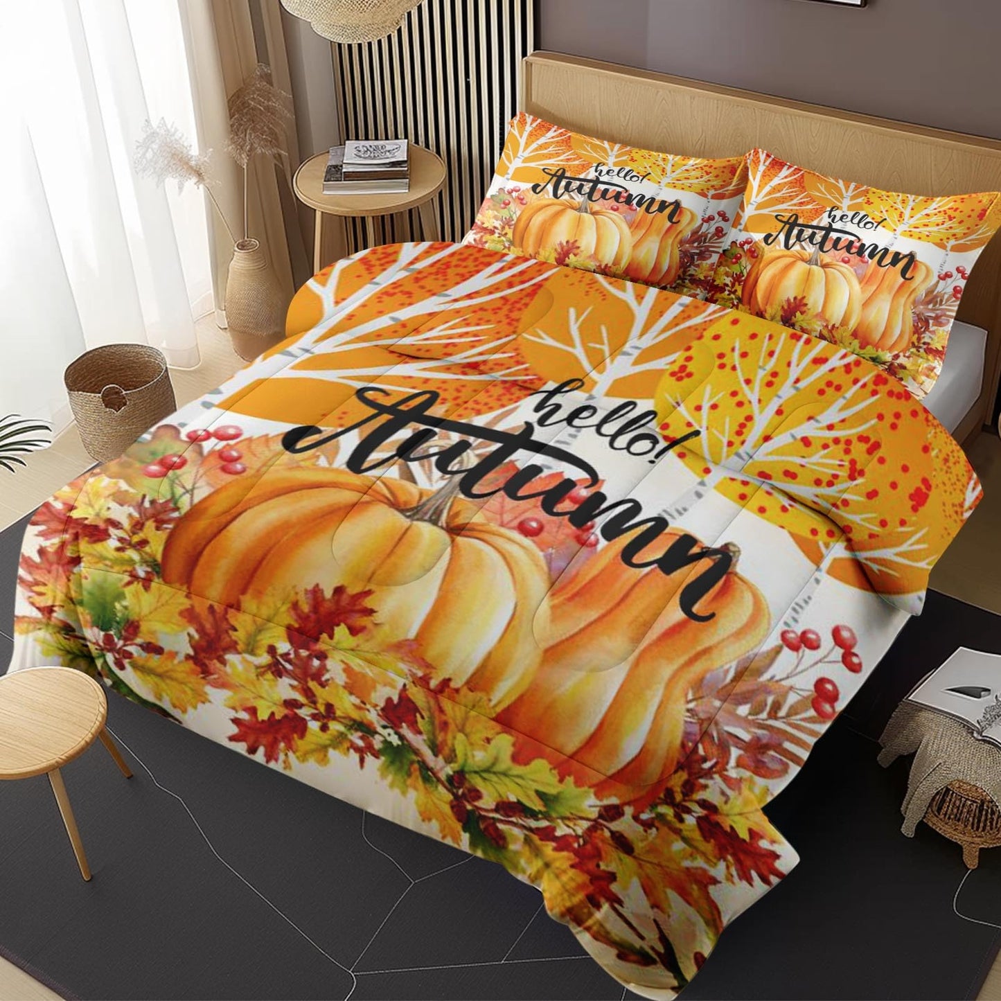 Nesphy Fall Pumpkin Botanical King Comforter Set, Autumn Painting Yellow Bedding Set 3 Piece, All Season Soft Toddlers Children Adults Bedroom Bed Decoration Comforter and 2 Pillow Shams