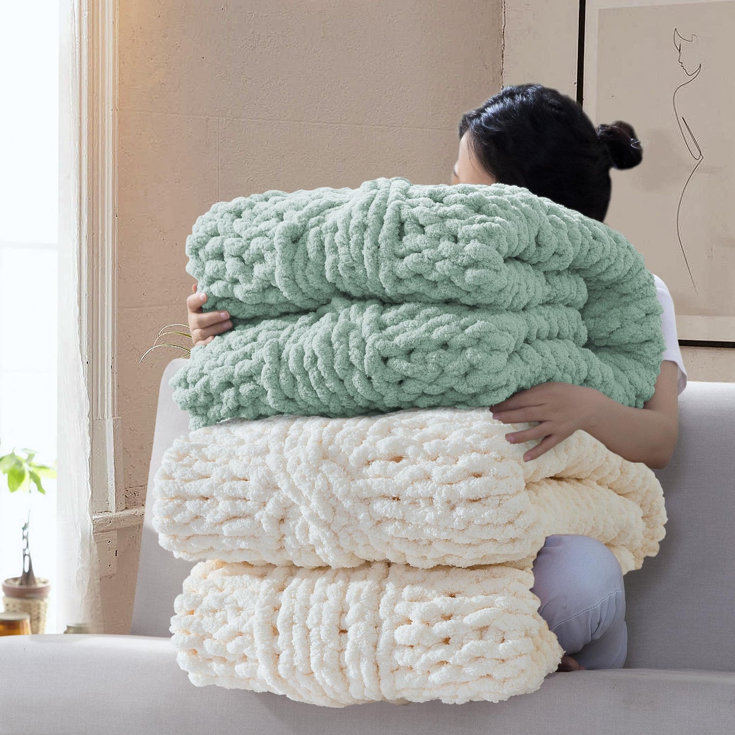 CLOUDS HUG Chunky Knit Blanket Throw - 100% Hand Knitted Chunky Soft Throw Blanket for Couch, Thick and Warm Blanket for Winter,Green, 40x50 Inches