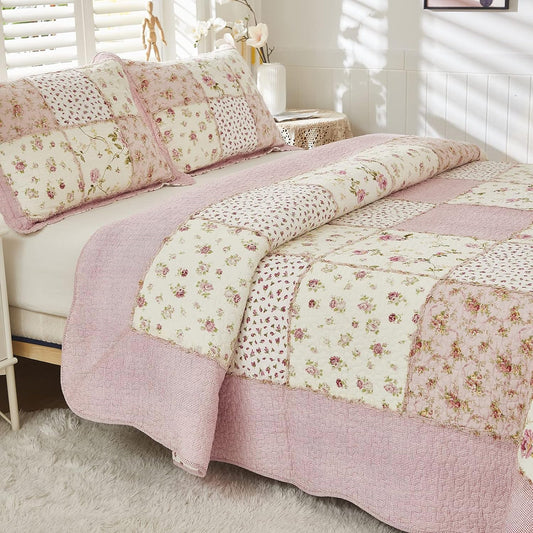 Brandream Pink Rose Floral Patchwork Quilts Cotton King Size Quilt Set Cottage Quilt Bedding Set 3-Piece
