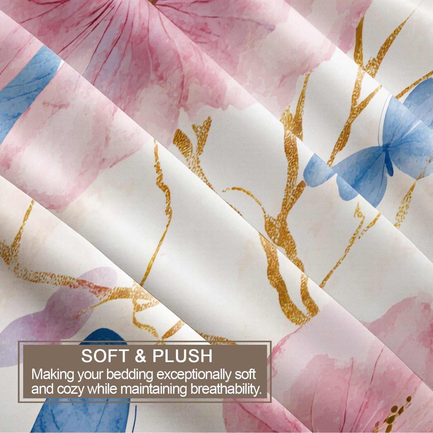 GKPLY Blue Butterfly Comforter Set, Watercolor Floral Duvet Cover King, Elegant Spring Bedding with 2 Pillowcases, Duvet Cover with Zipper, 3 Pieces, Reversible Cherry Branch Bedding Set