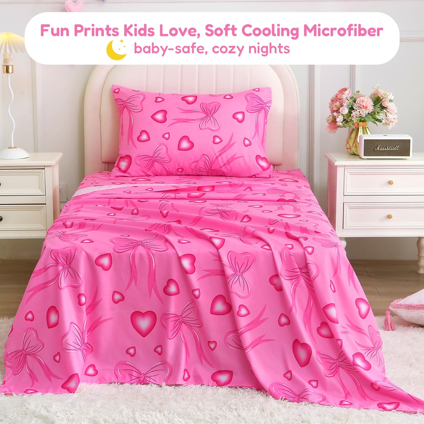 Softan Kids Twin Sheets Set, 3 Piece Heart Bow Bedding Set for Girls, Soft Breathable Microfiber with 15" Deep Pocket, Fitted Flat Sheet & Pillowcase