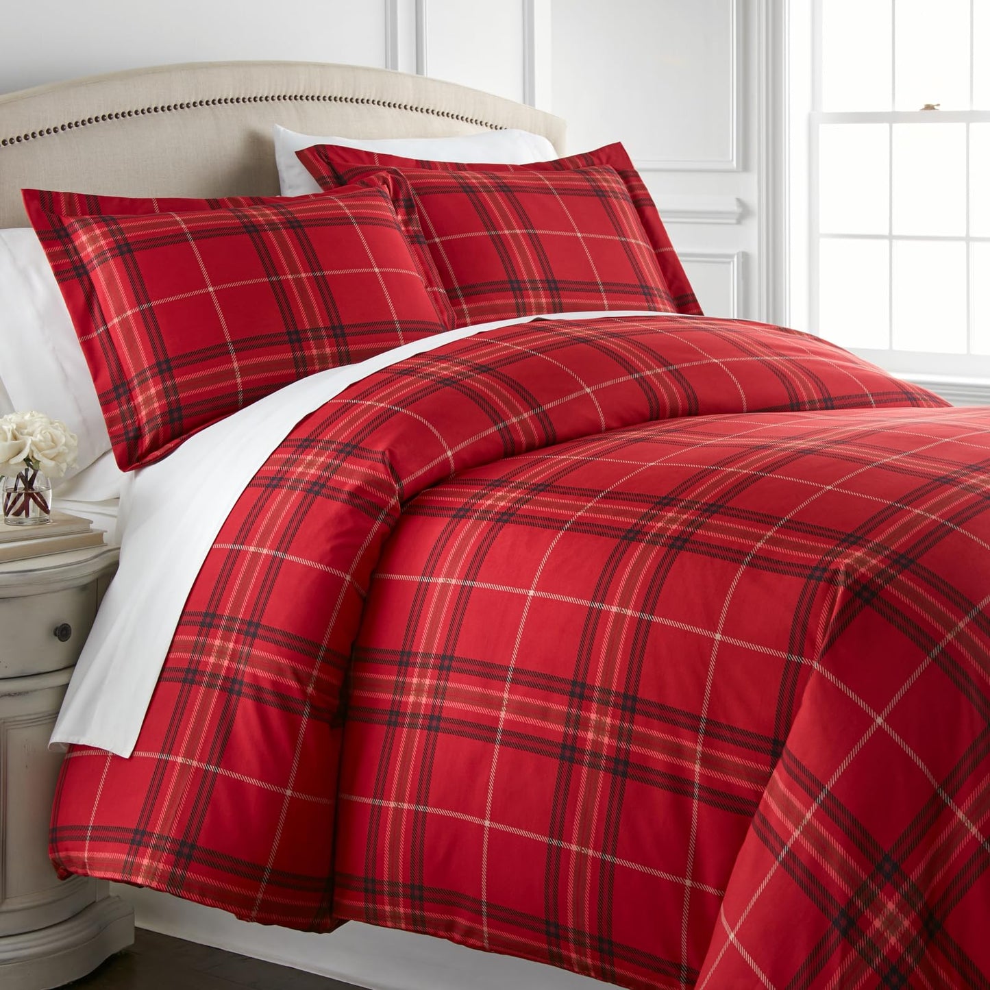 Southshore Fine Living Inc. Duvet Cover King/California King Size Set –Extra Soft Bedding w/ Zipper Closure –King Duvet Cover Set 108"x98", 2 Pillow Shams 20"x36" – Wrinkle Resistant– Vilano Plaid Red